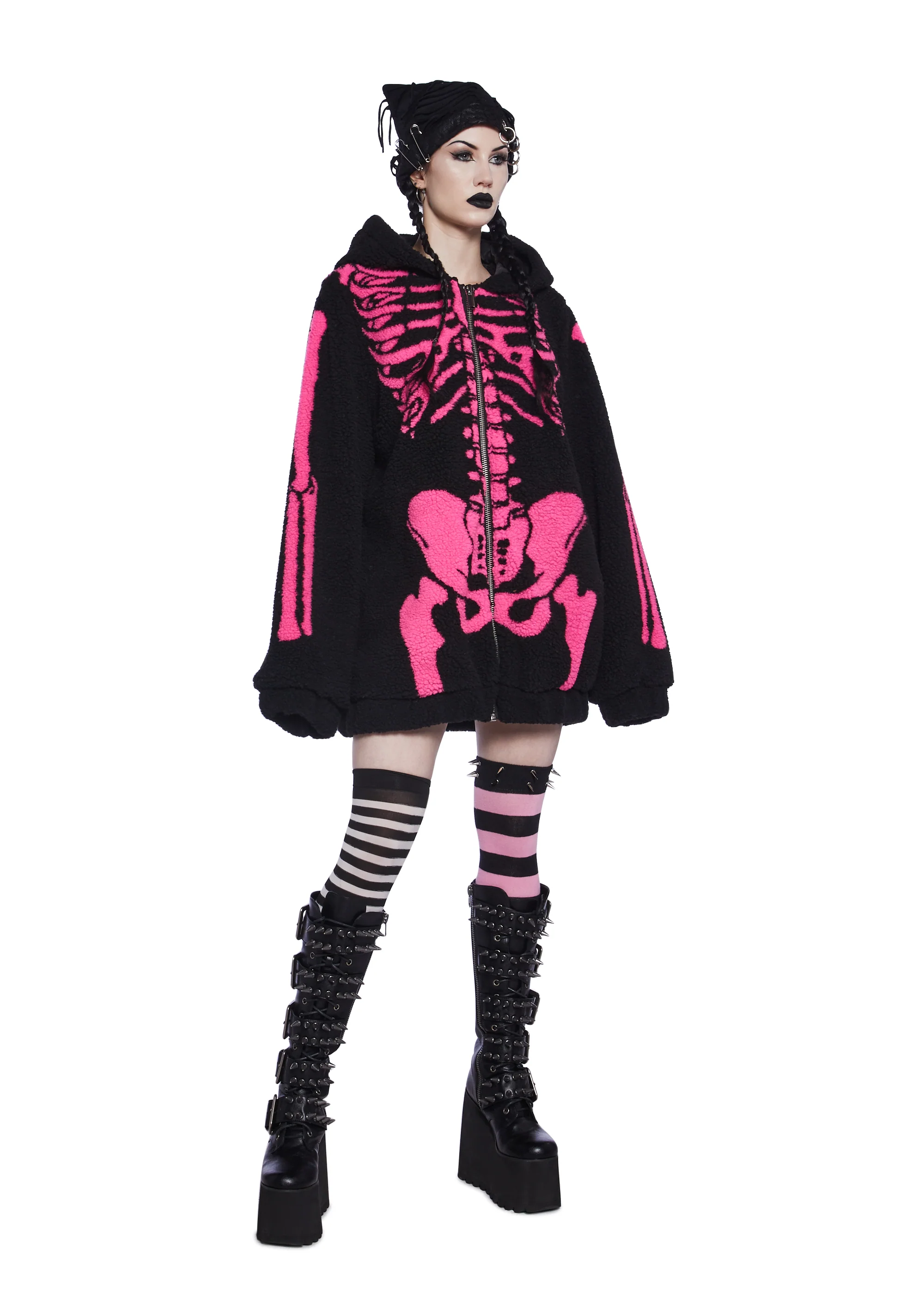 Baring It All Skeleton Hooded Sherpa Jacket - Pink - Image 2
