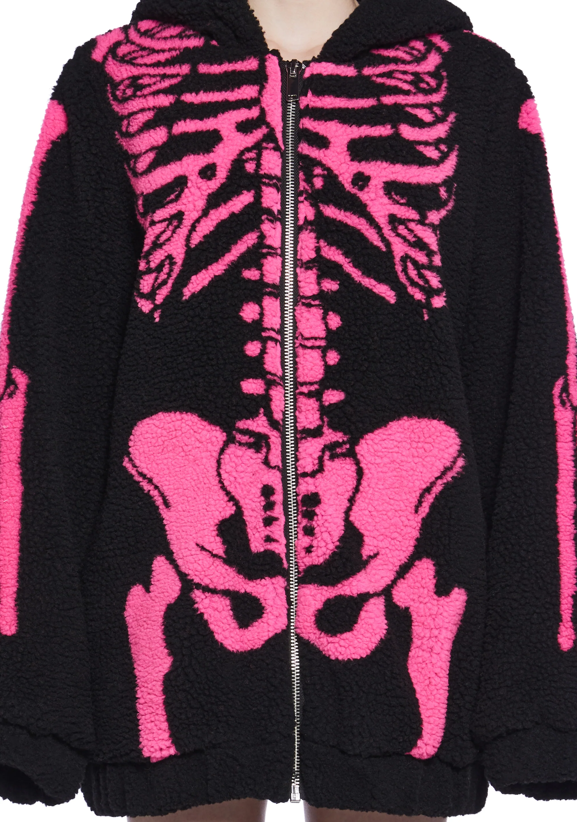Baring It All Skeleton Hooded Sherpa Jacket - Pink - Image 5
