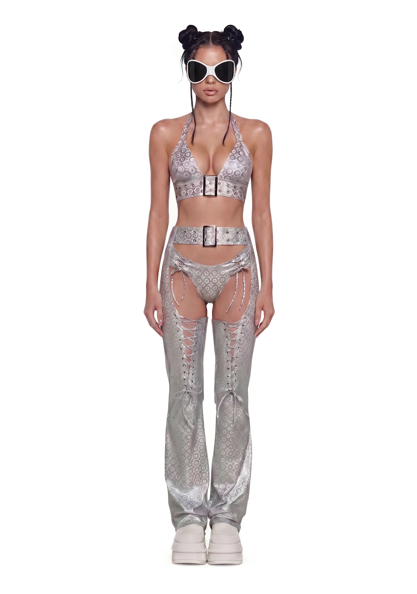 Metallic Buckle Chaps - Silver - Image 2