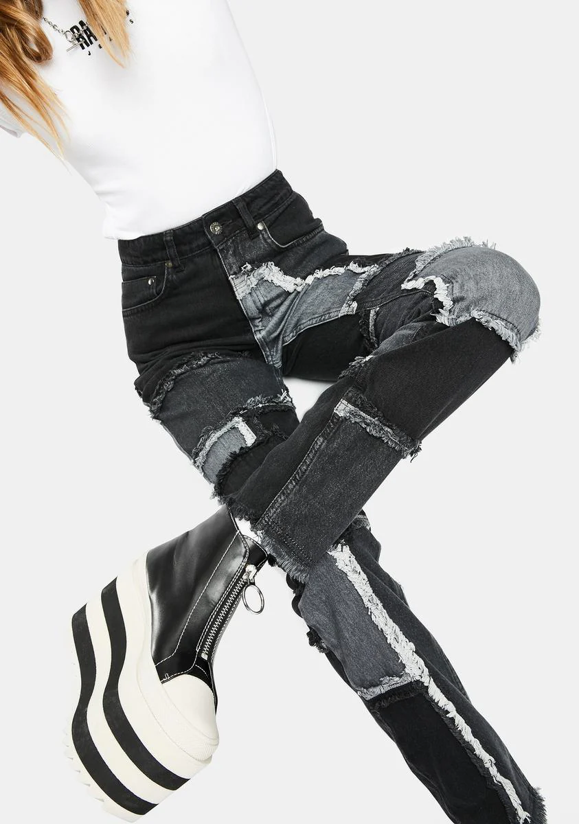 Black Cheat Patchwork Mom Jeans - Image 2