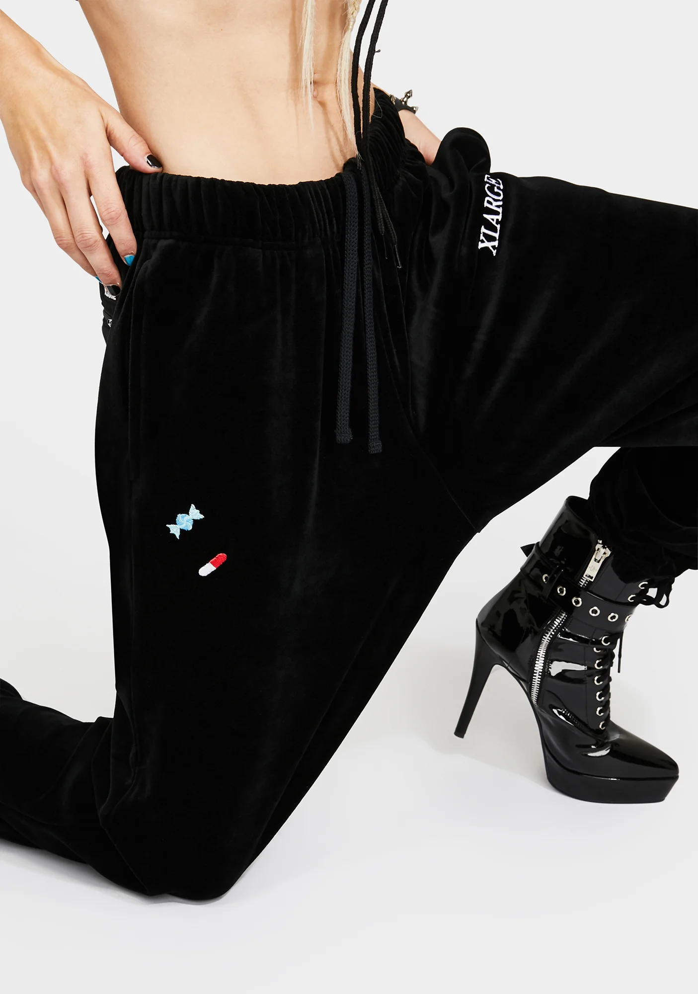 Black Embroidered Velour Joggers - Image 2