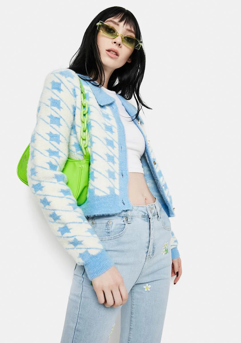 Blue Houndstooth Fuzzy Collared Cardigan - Image 2