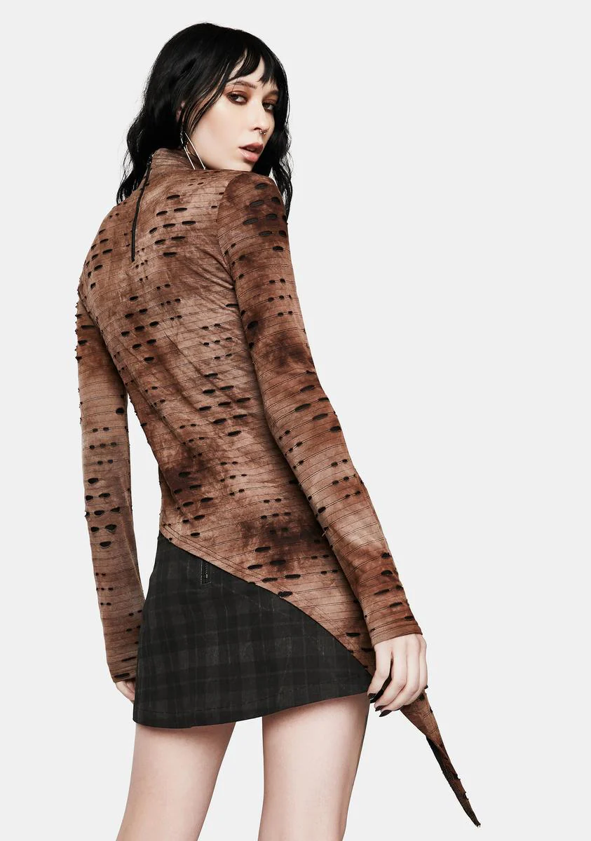 Brown Steampunk Asymmetrical Distressed T-Shirt - Image 4