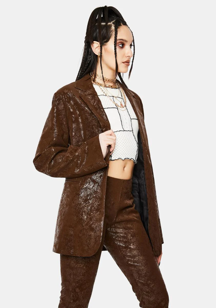 Brown Vegan Leather Suit Jacket - Image 2