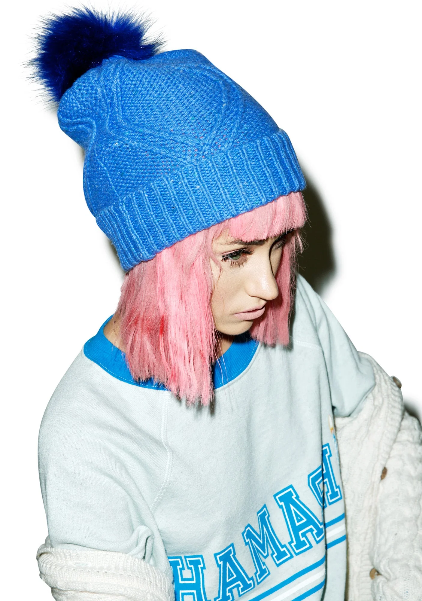 Cable Knit Beanie - Blue - Image 2