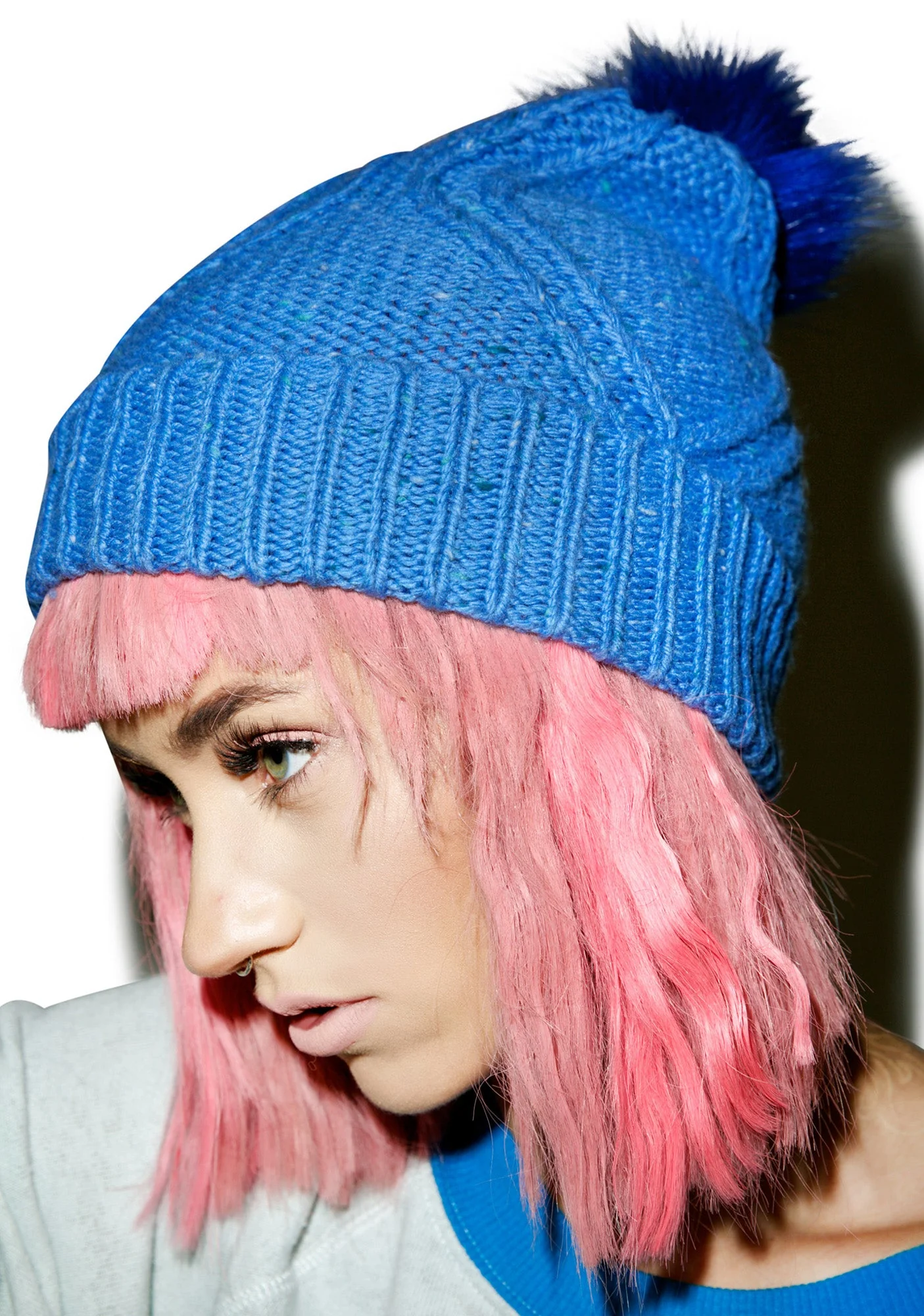 Cable Knit Beanie - Blue - Image 4