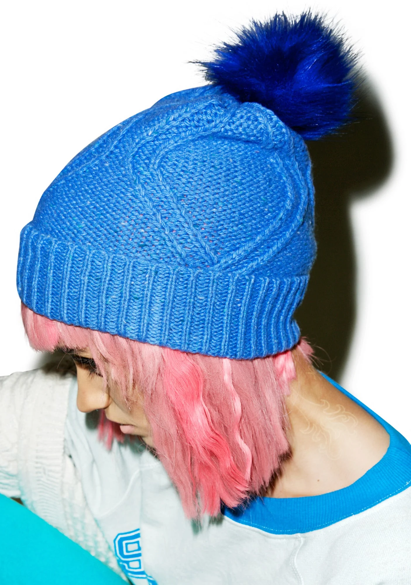Cable Knit Beanie - Blue - Image 5