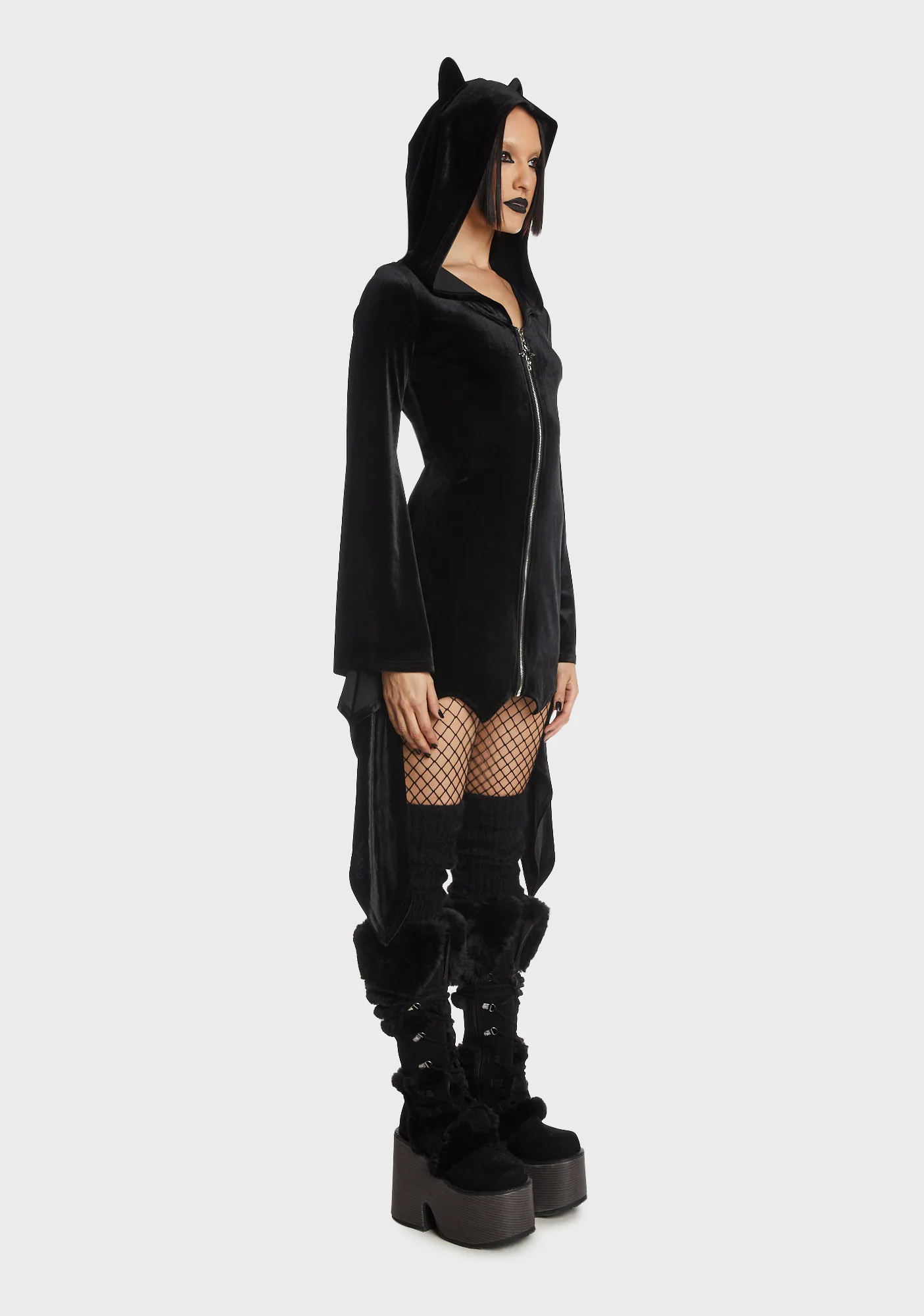 Cat Ear Bell Sleeves Hooded Zip Dress - Image 5