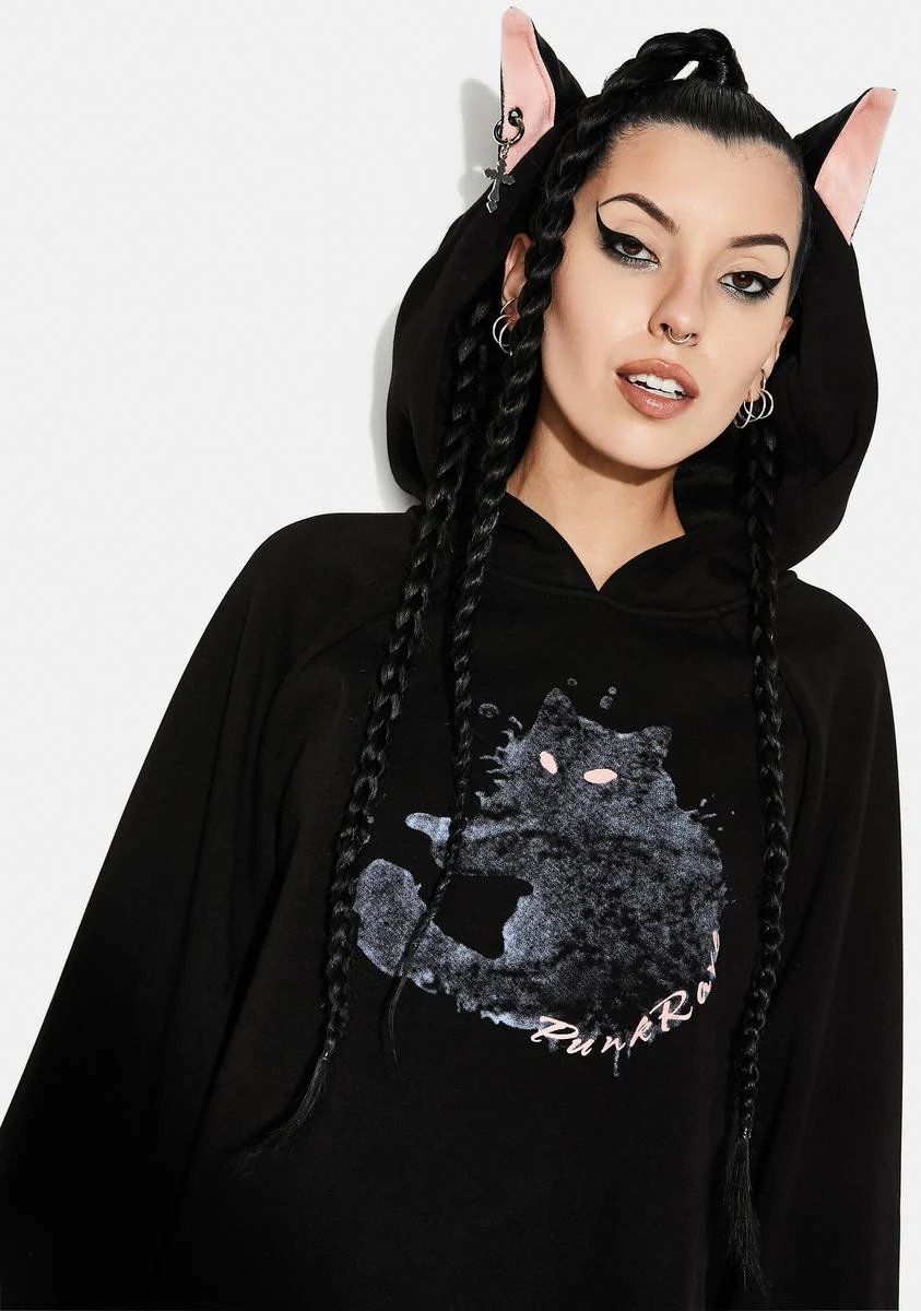 Cat Print Loose Fit Velvet Hoodie - Image 2