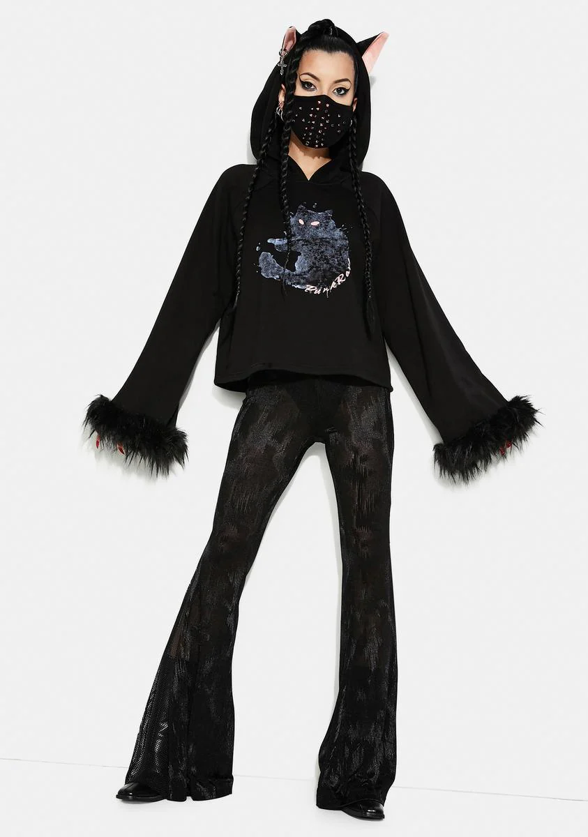 Cat Print Loose Fit Velvet Hoodie - Image 3