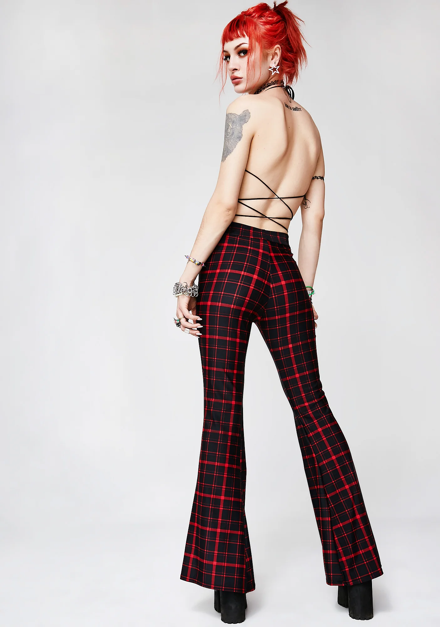Cherry Hit Tha Books Plaid Flare Pants - Image 3
