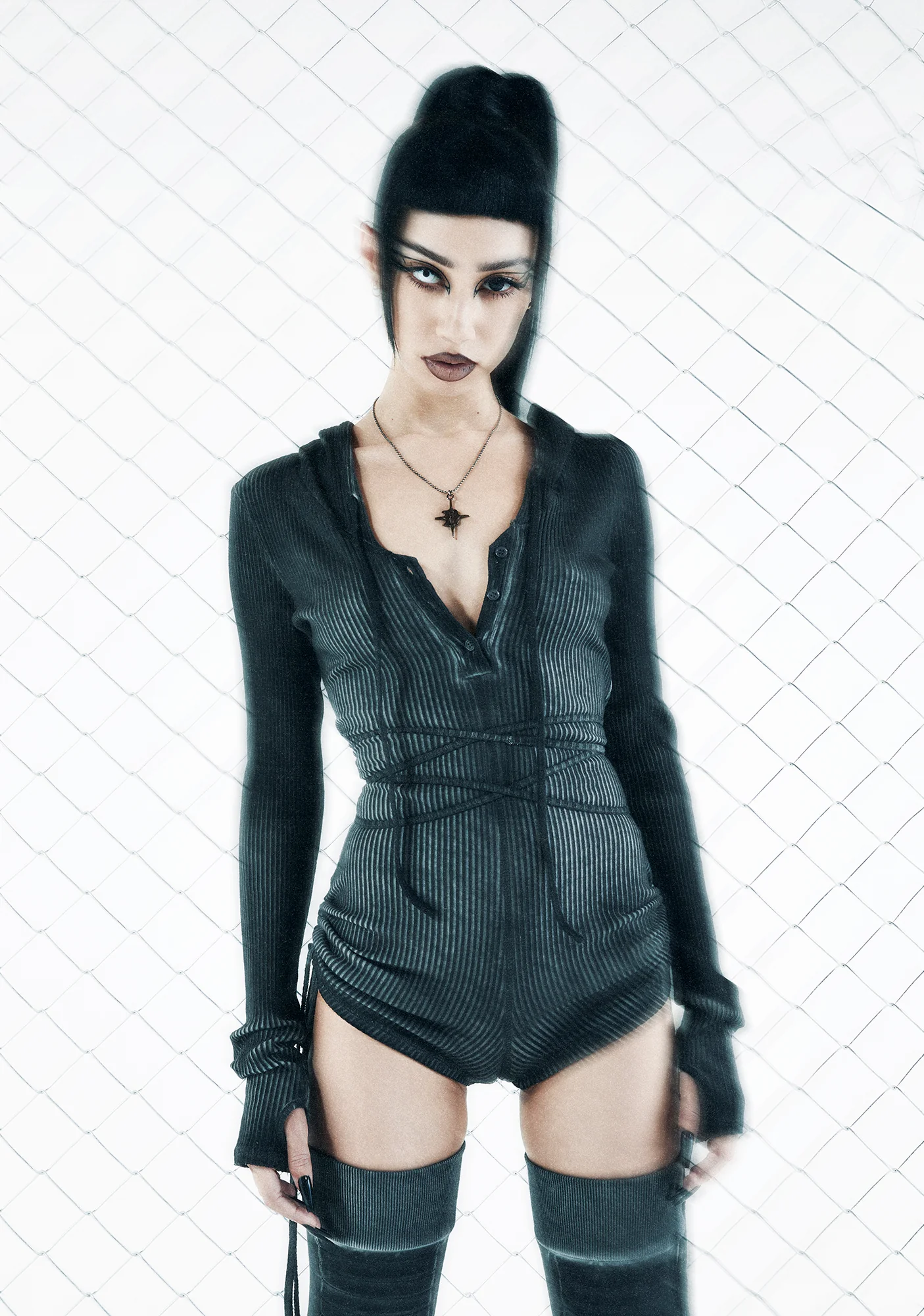 Crossfade Hooded Long Sleeve Romper - Black - Image 5