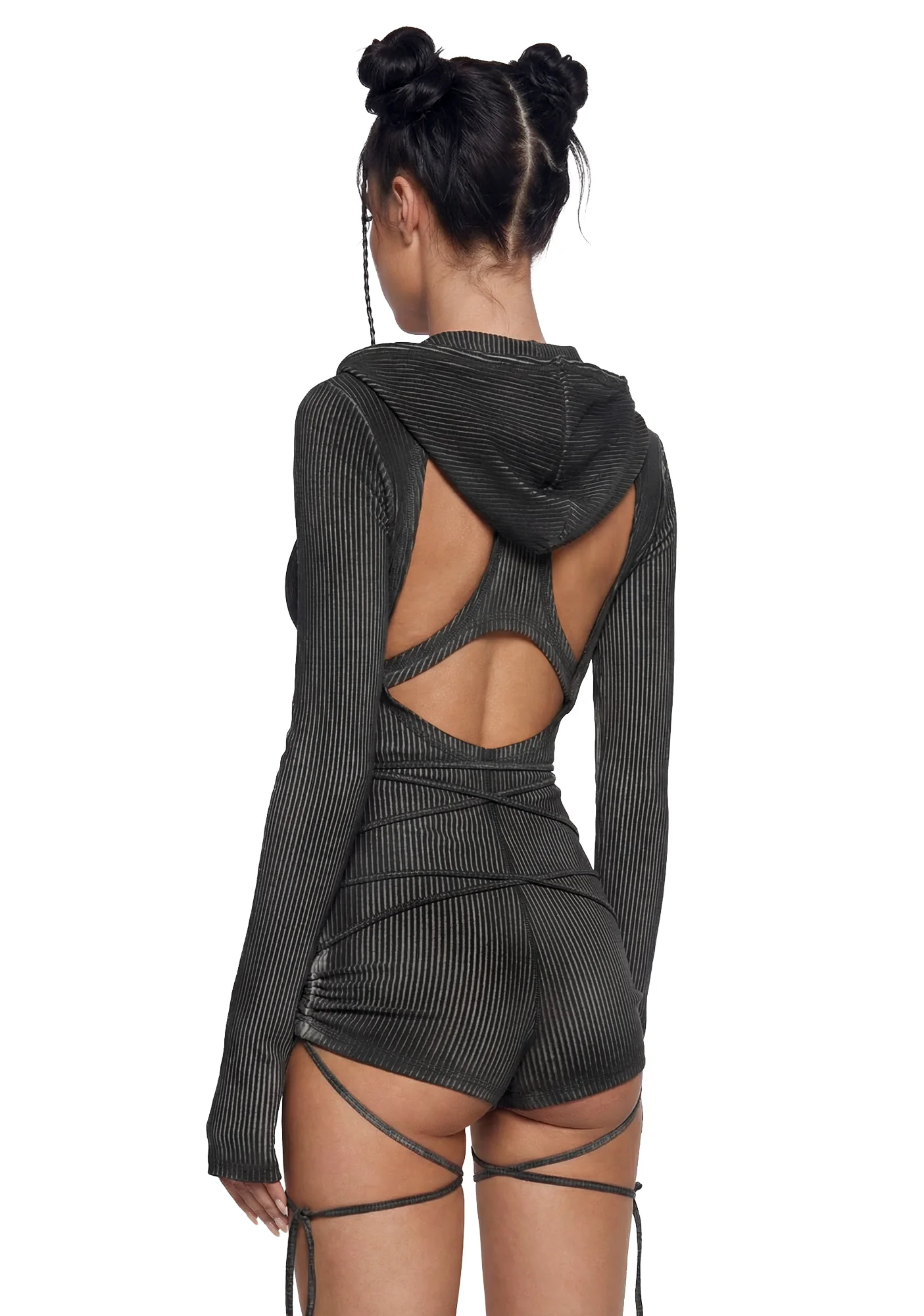 Crossfade Hooded Long Sleeve Romper - Black - Image 7
