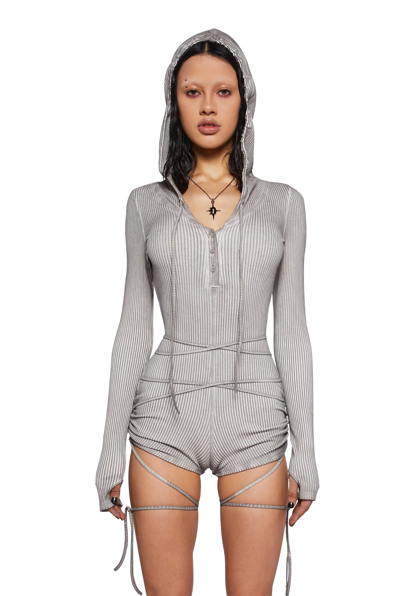 Crossfade Hooded Long Sleeve Romper - Ecru