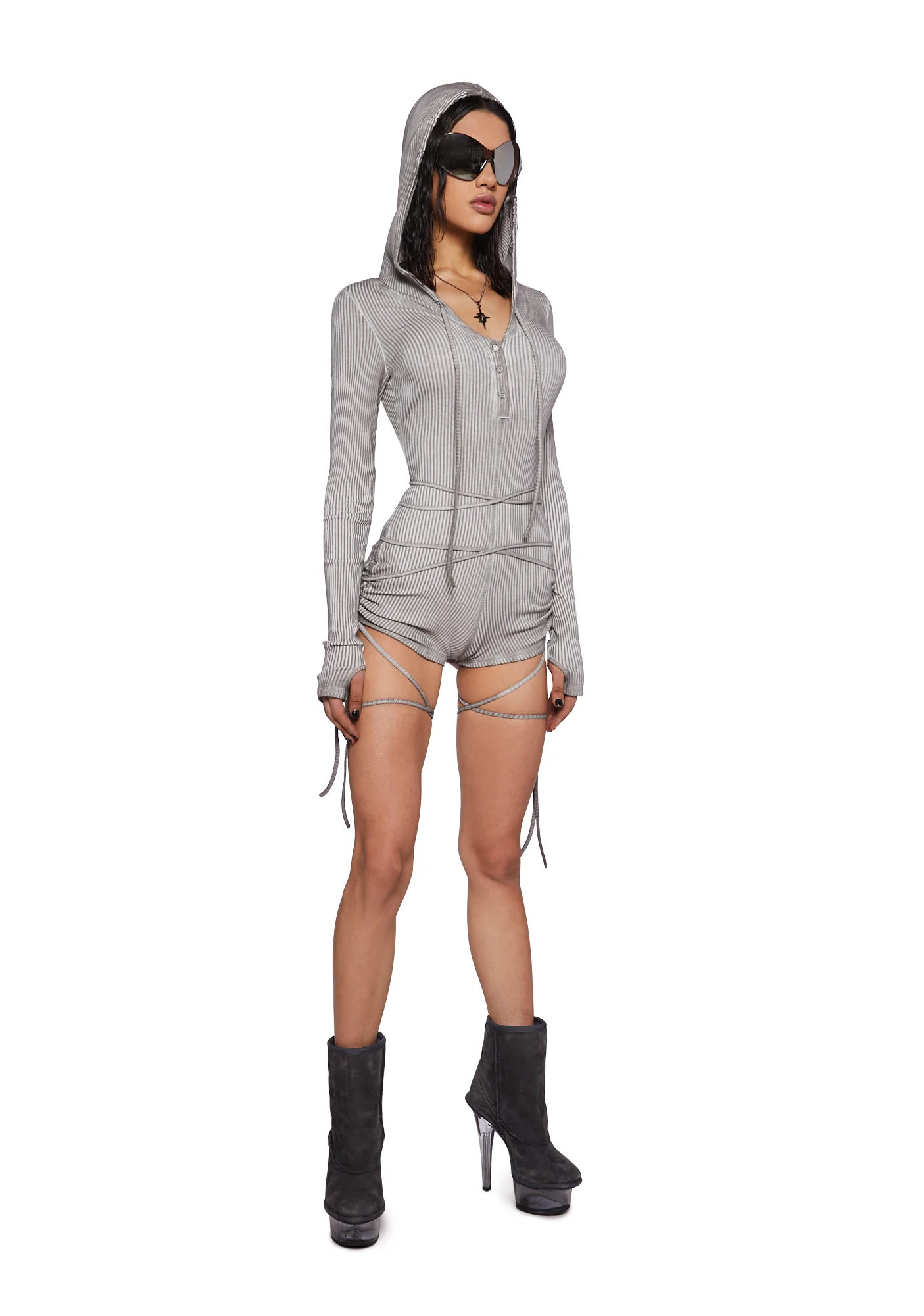Crossfade Hooded Long Sleeve Romper - Ecru - Image 2