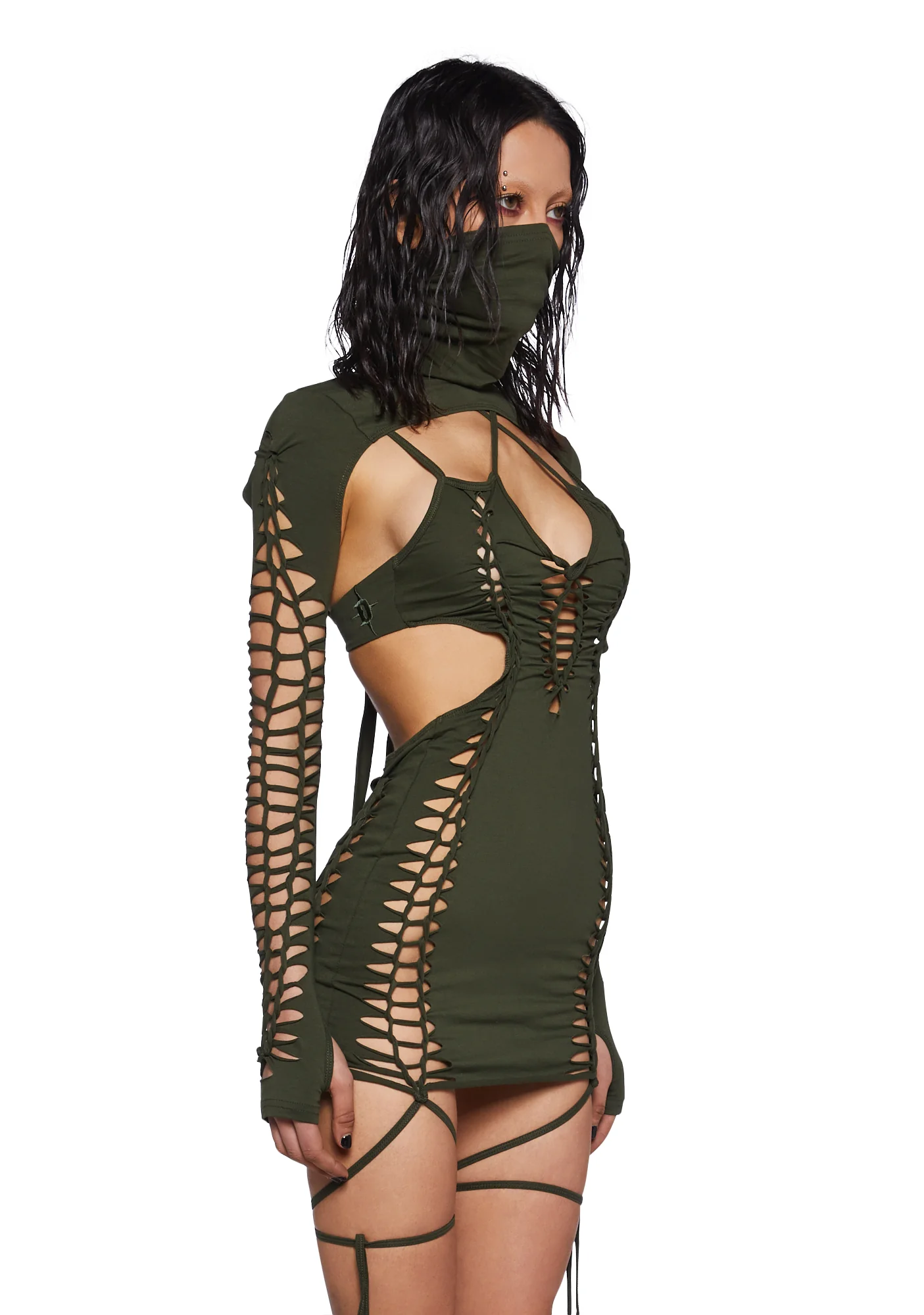 Crossfade Shredded Dress With Shrug - Olive - Image 3