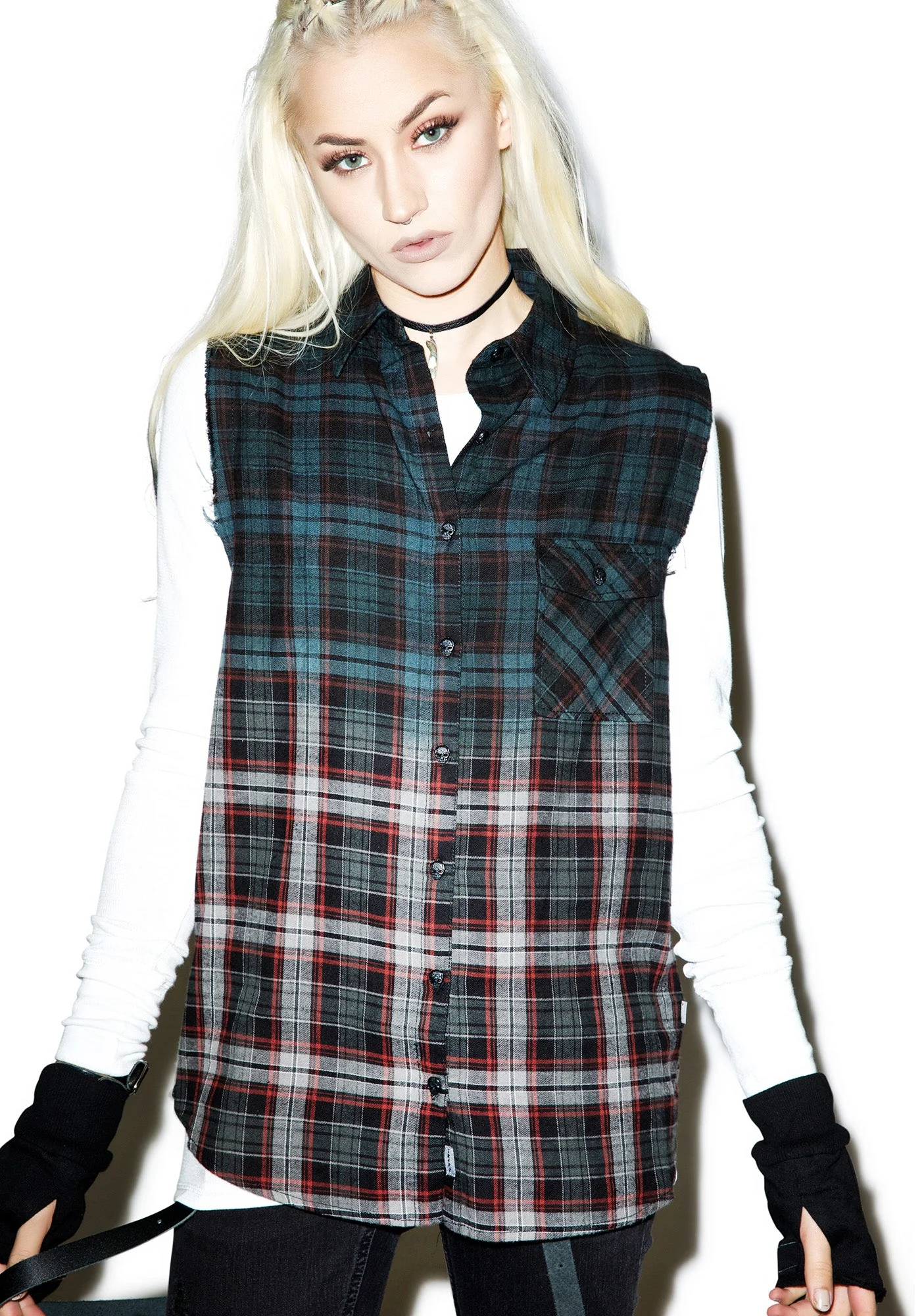 Dip Dye Sleeveless Flannel - Green - Image 10