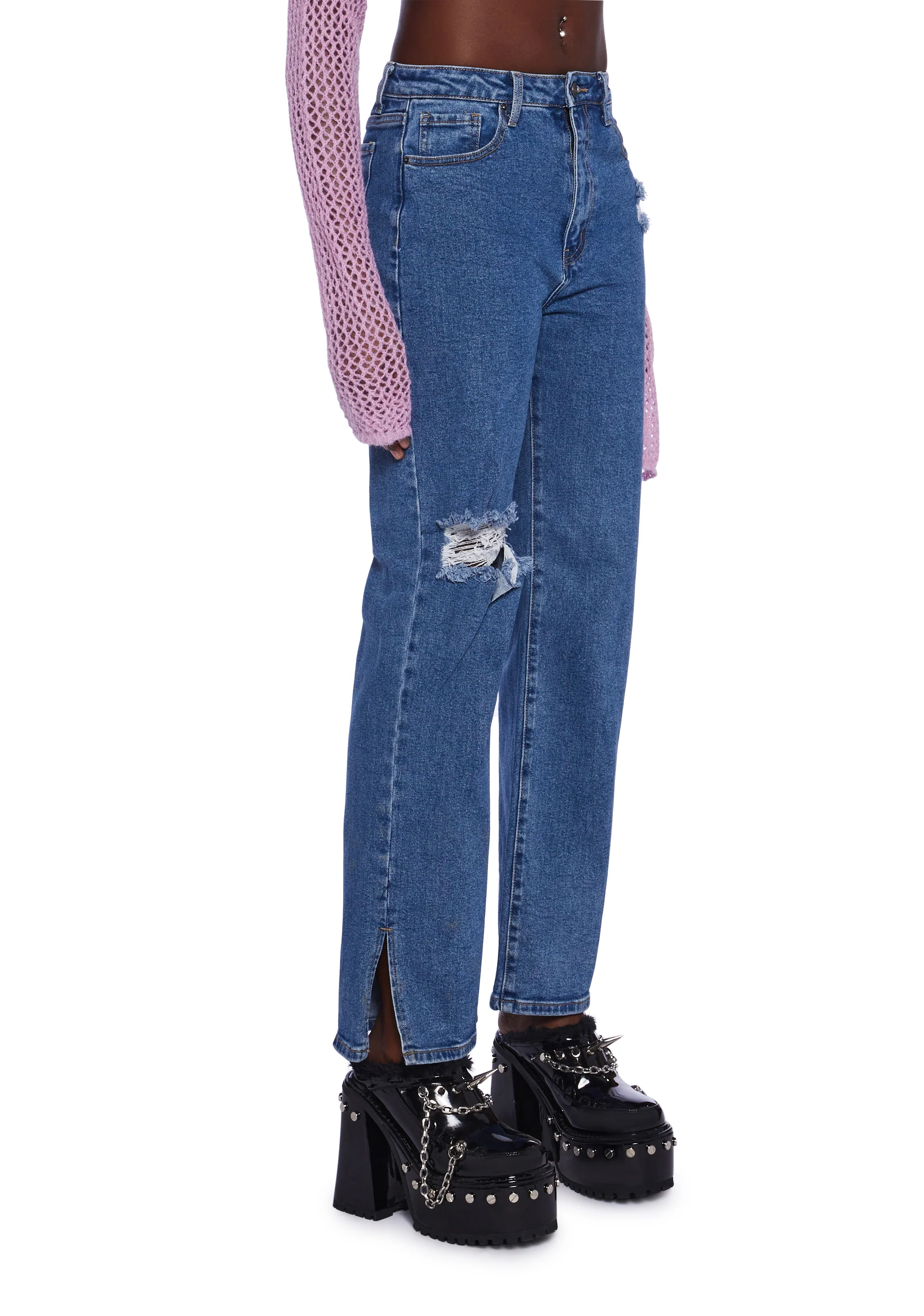 Distressed High Rise Denim Split Hem Jeans - Image 3