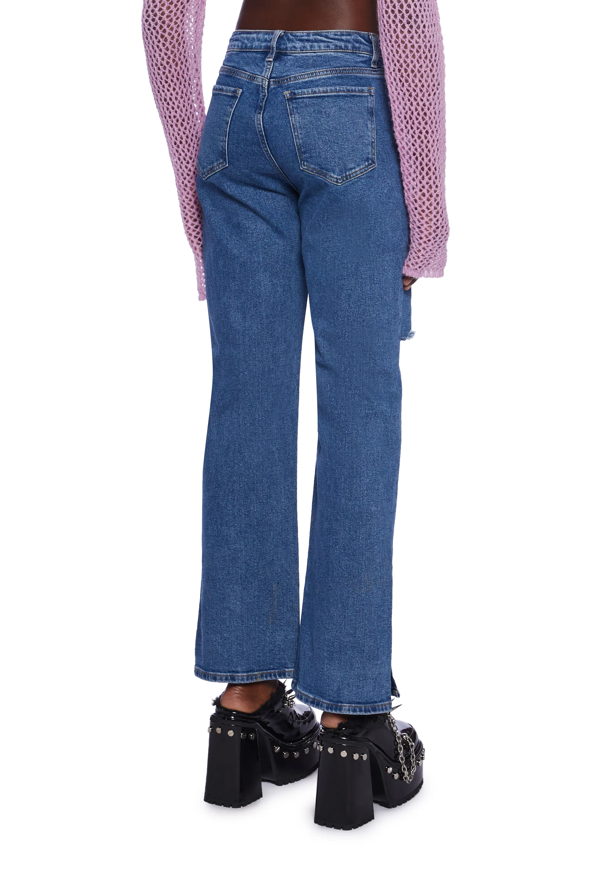 Distressed High Rise Denim Split Hem Jeans - Image 4
