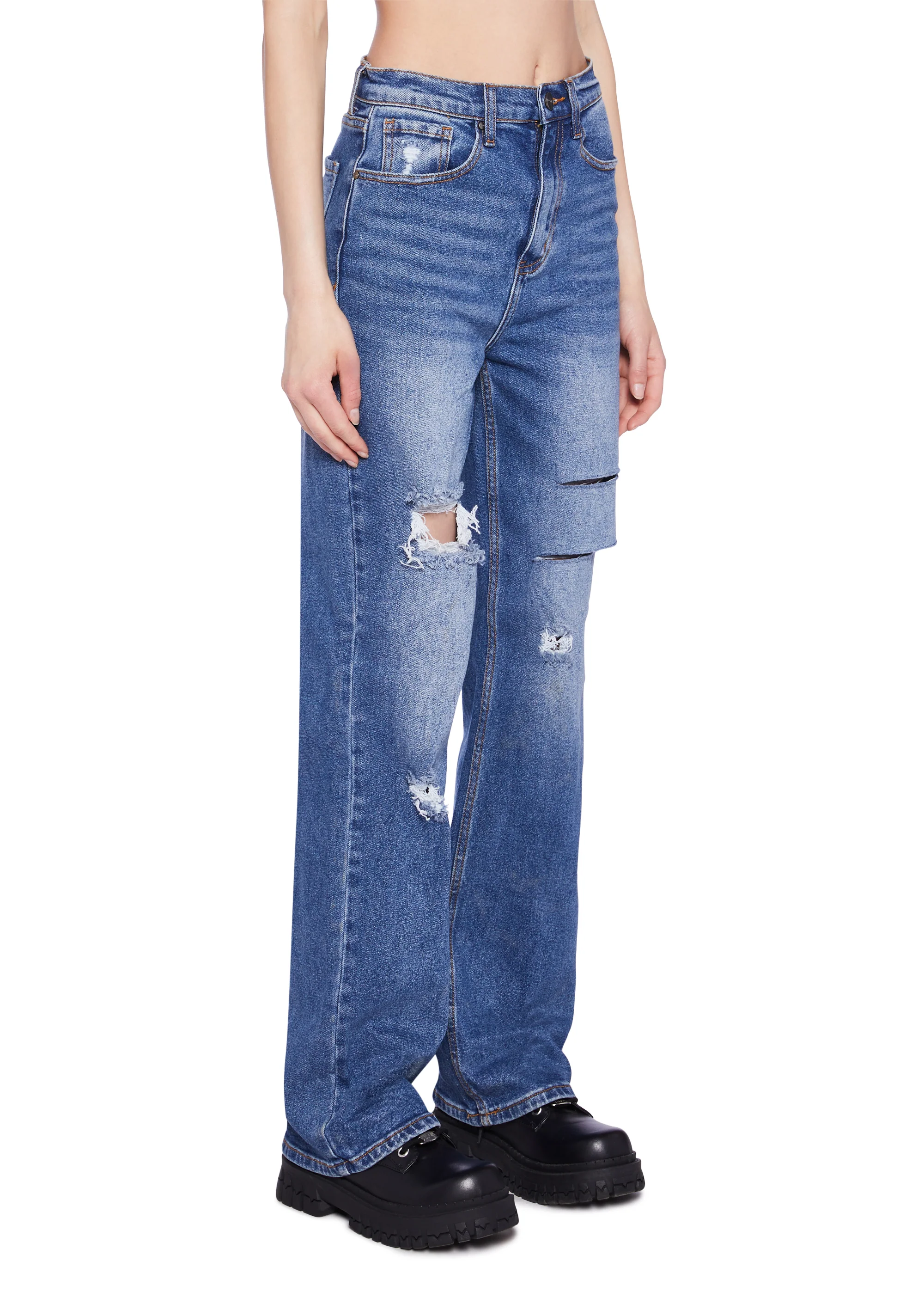 Distressed High Rise Straight Denim Jeans -  Dark Blue - Image 3