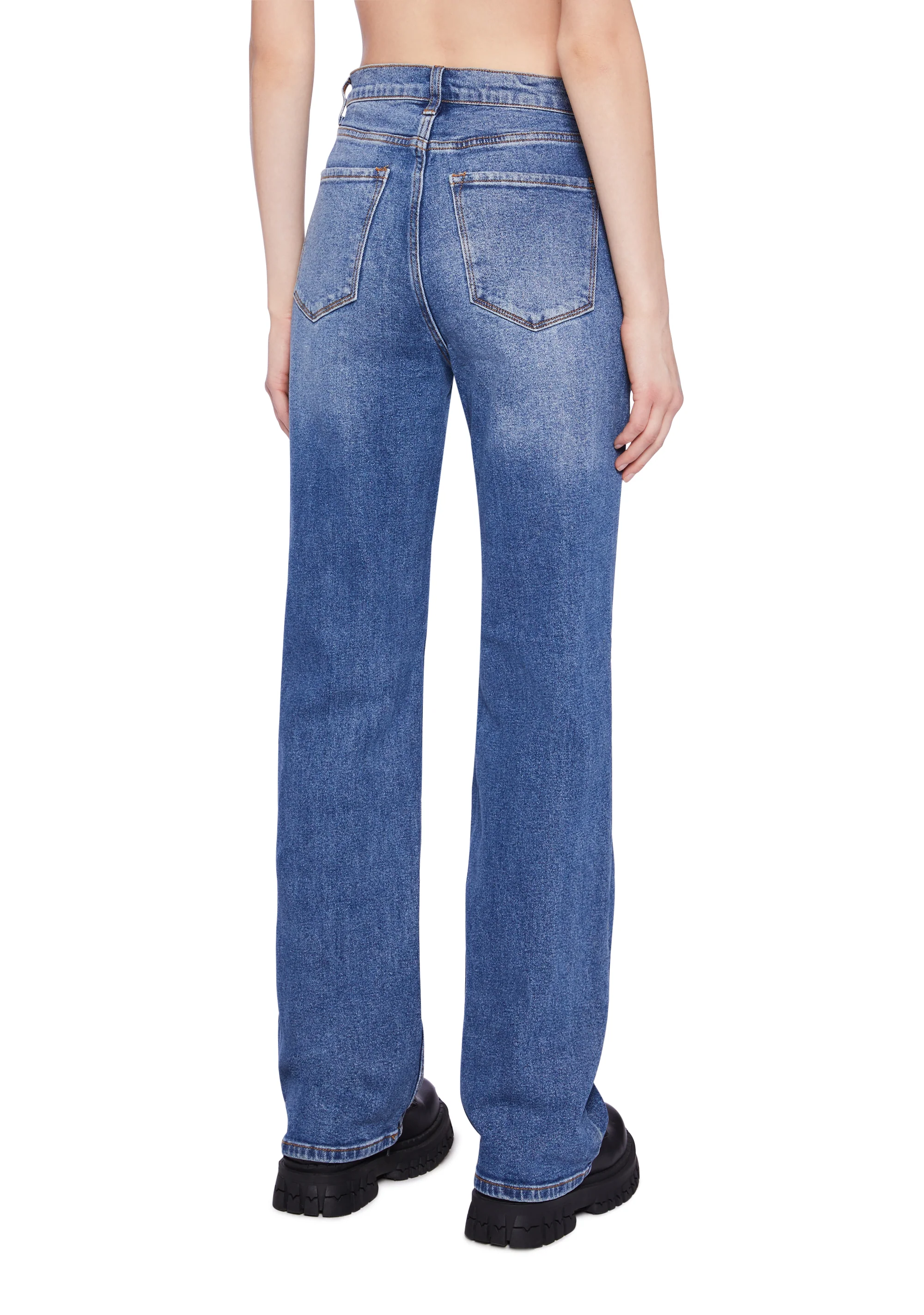 Distressed High Rise Straight Denim Jeans -  Dark Blue - Image 4