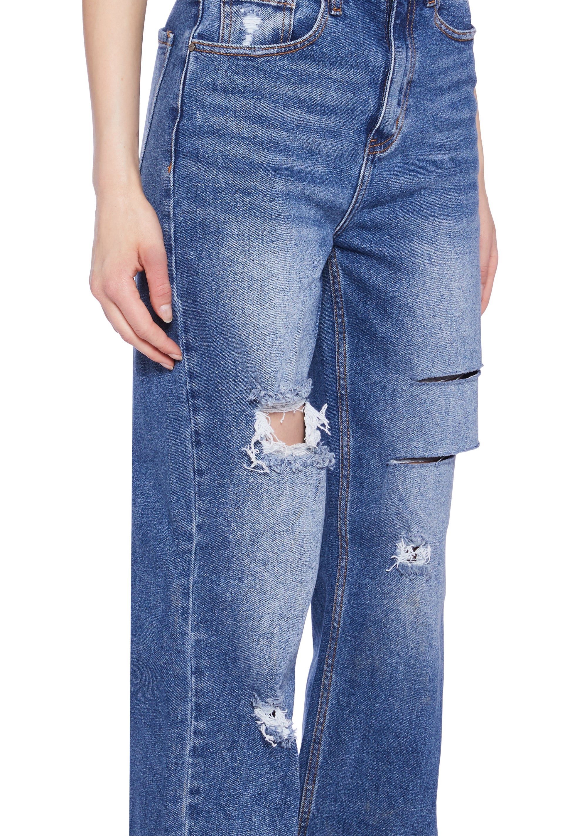 Distressed High Rise Straight Denim Jeans -  Dark Blue - Image 5
