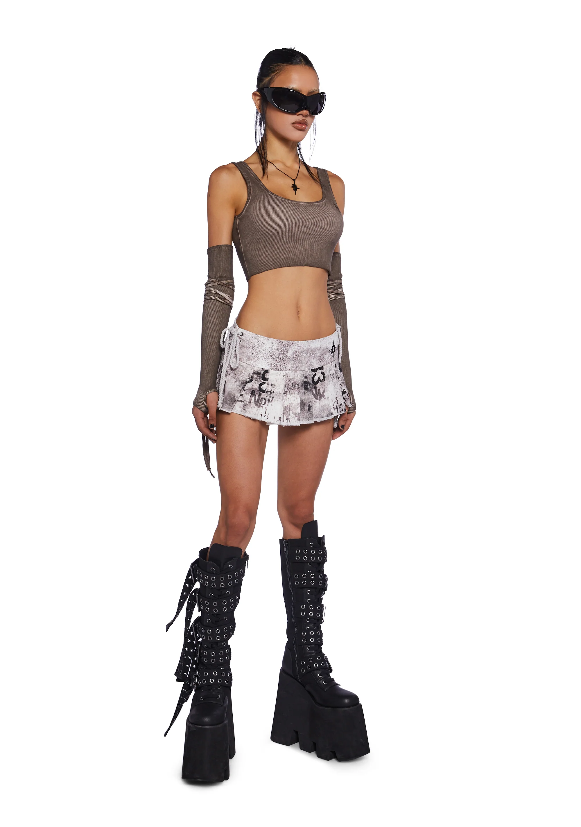 Downbeat Ribbed Tank With Arm Warmers - Brown - Image 2