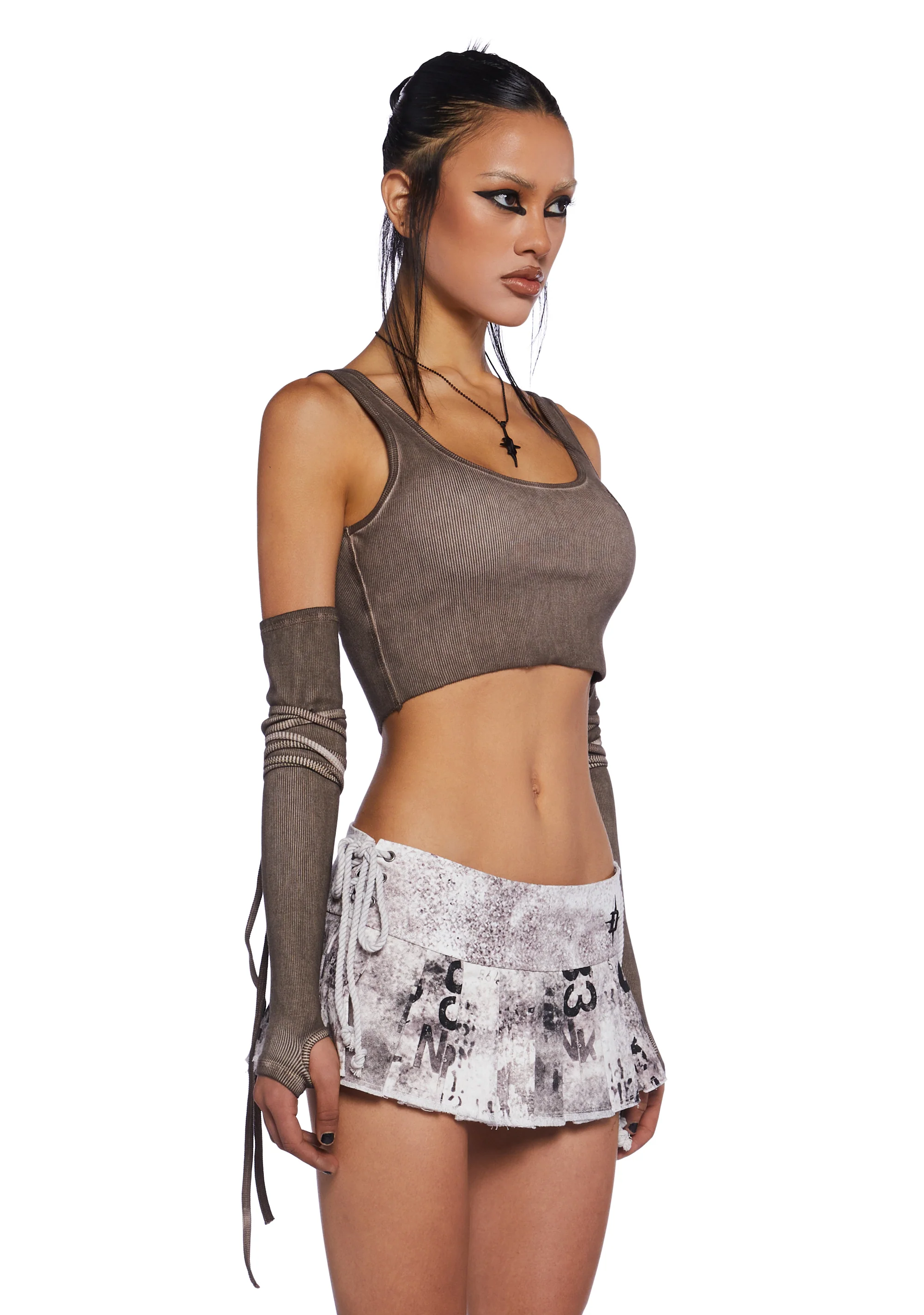 Downbeat Ribbed Tank With Arm Warmers - Brown - Image 3