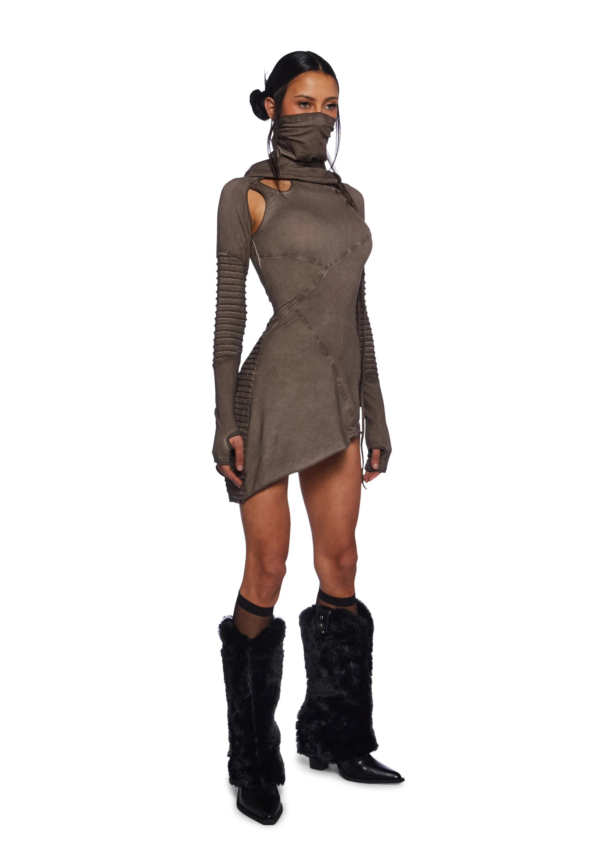 Frequency Asymmetrical Hooded Mini Dress - Earthen - Image 2