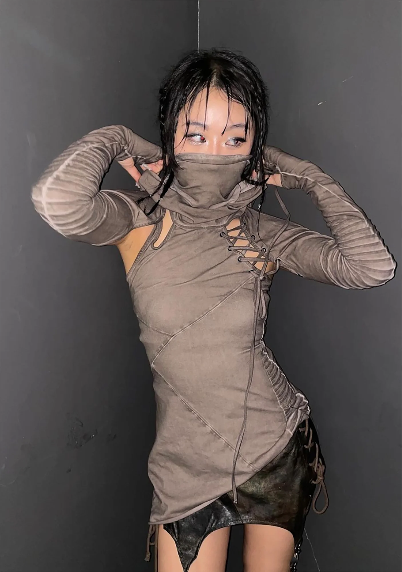 Frequency Asymmetrical Hooded Mini Dress - Earthen - Image 8
