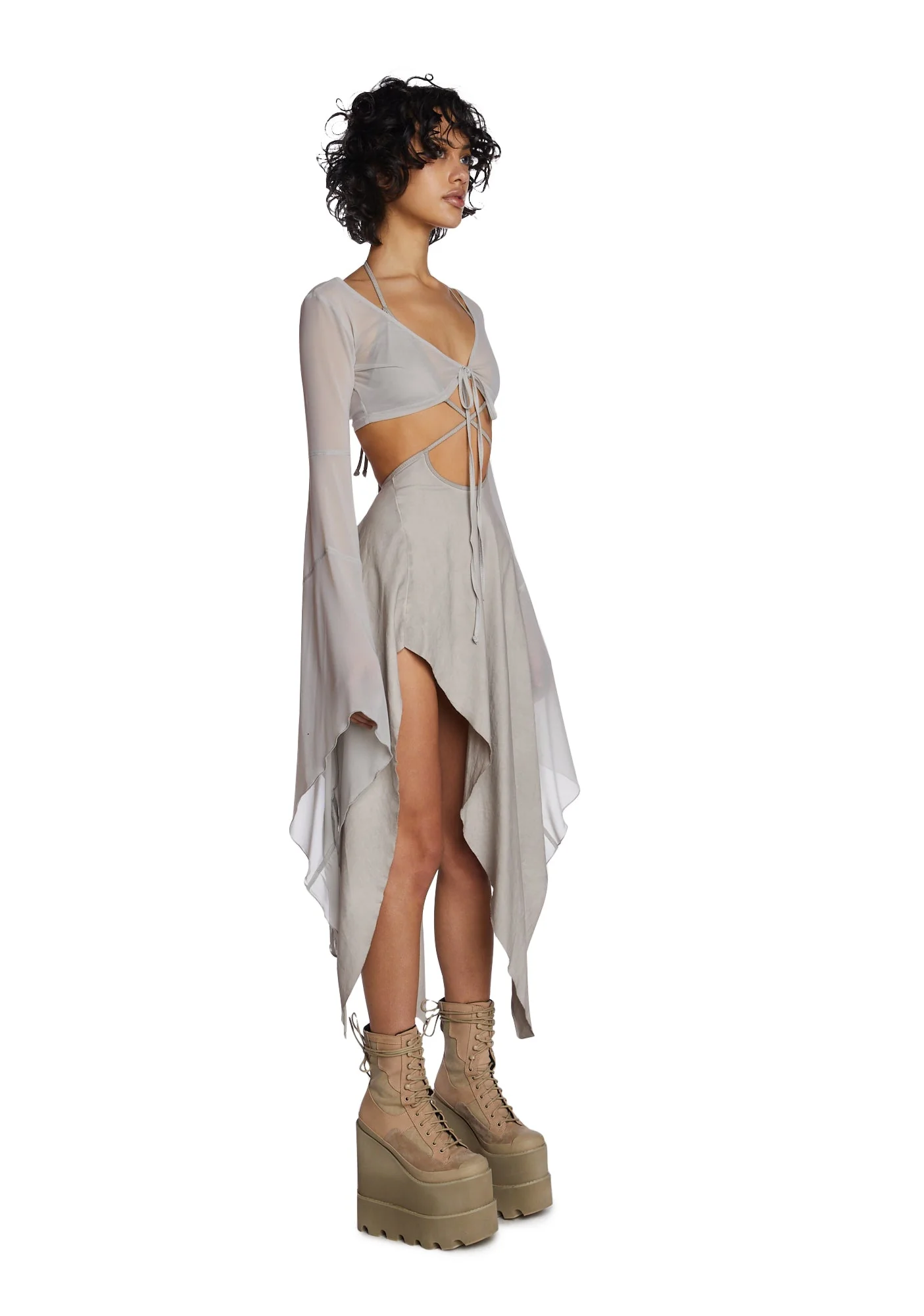 Echo Asymmetrical Mesh Wrap Dress - Off White - Image 3