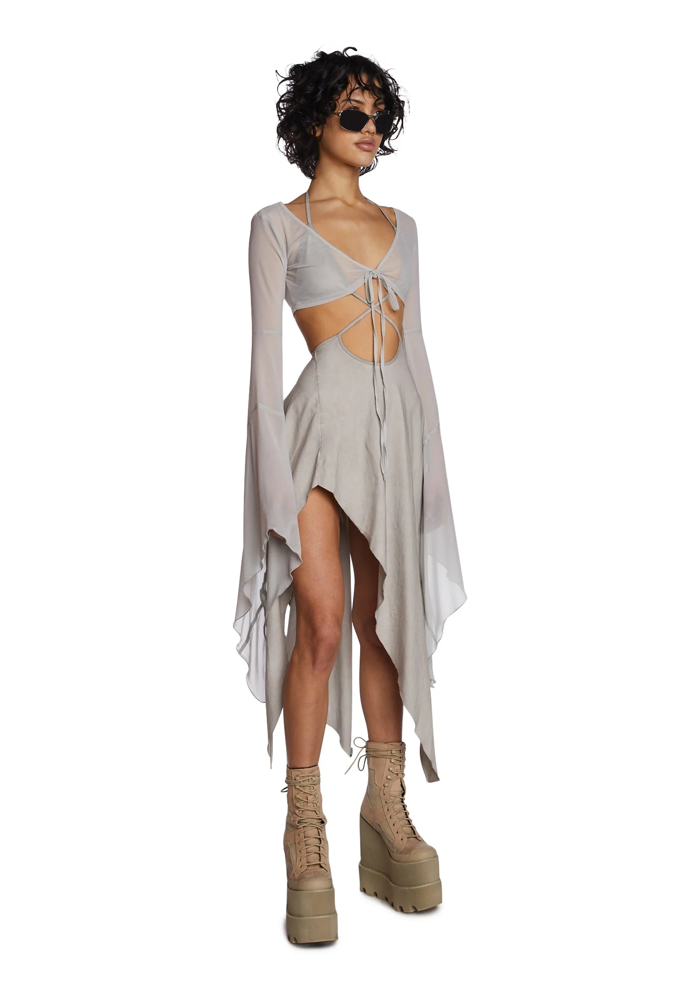 Echo Asymmetrical Mesh Wrap Dress - Off White - Image 4