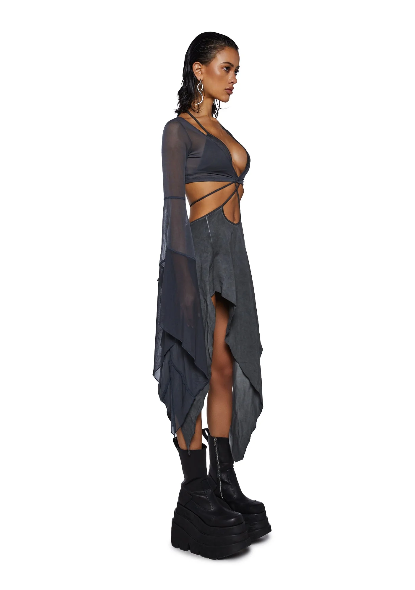 Echo Asymmetrical Mesh Wrap Dress - Dark Gray - Image 3
