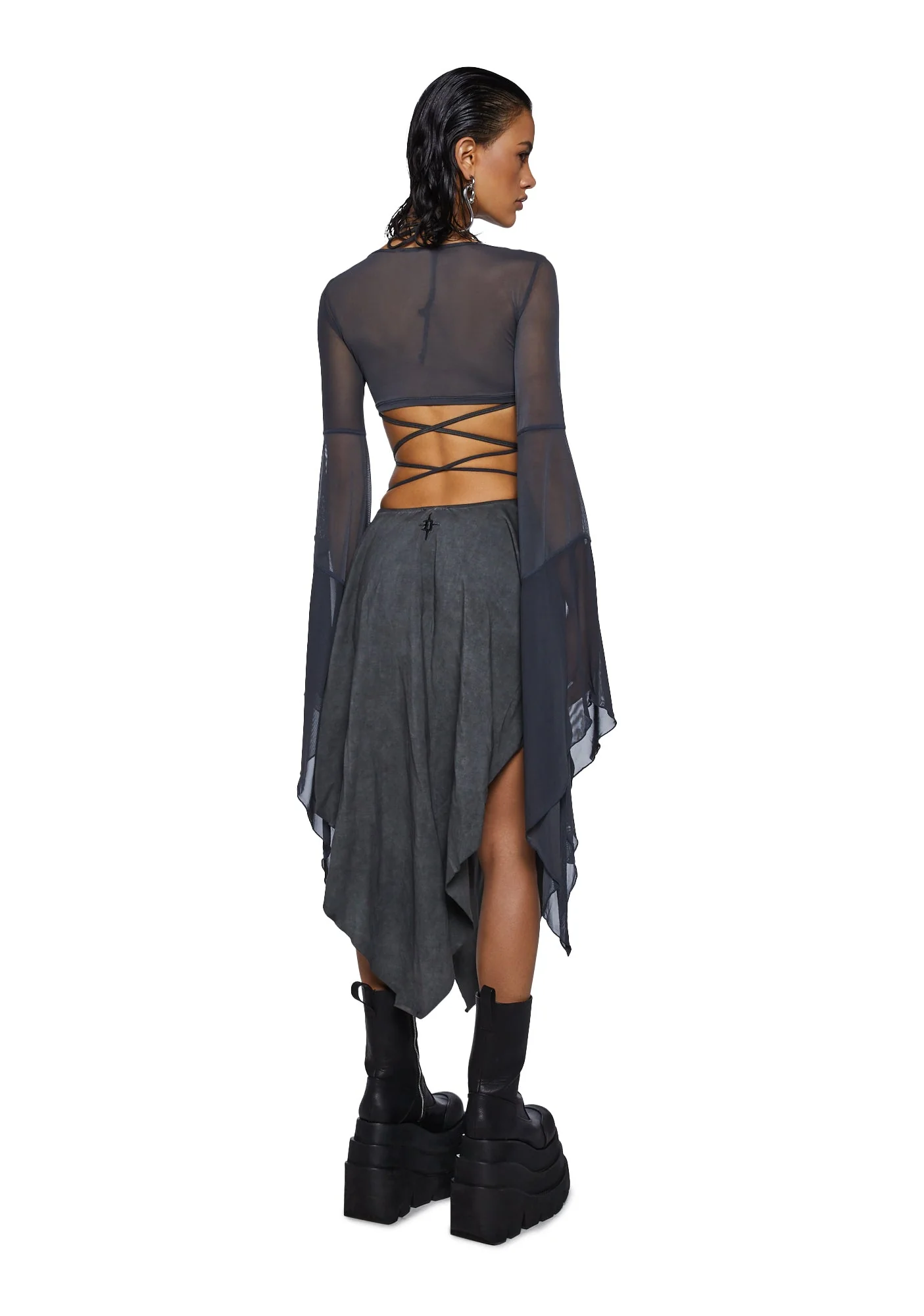 Echo Asymmetrical Mesh Wrap Dress - Dark Gray - Image 4