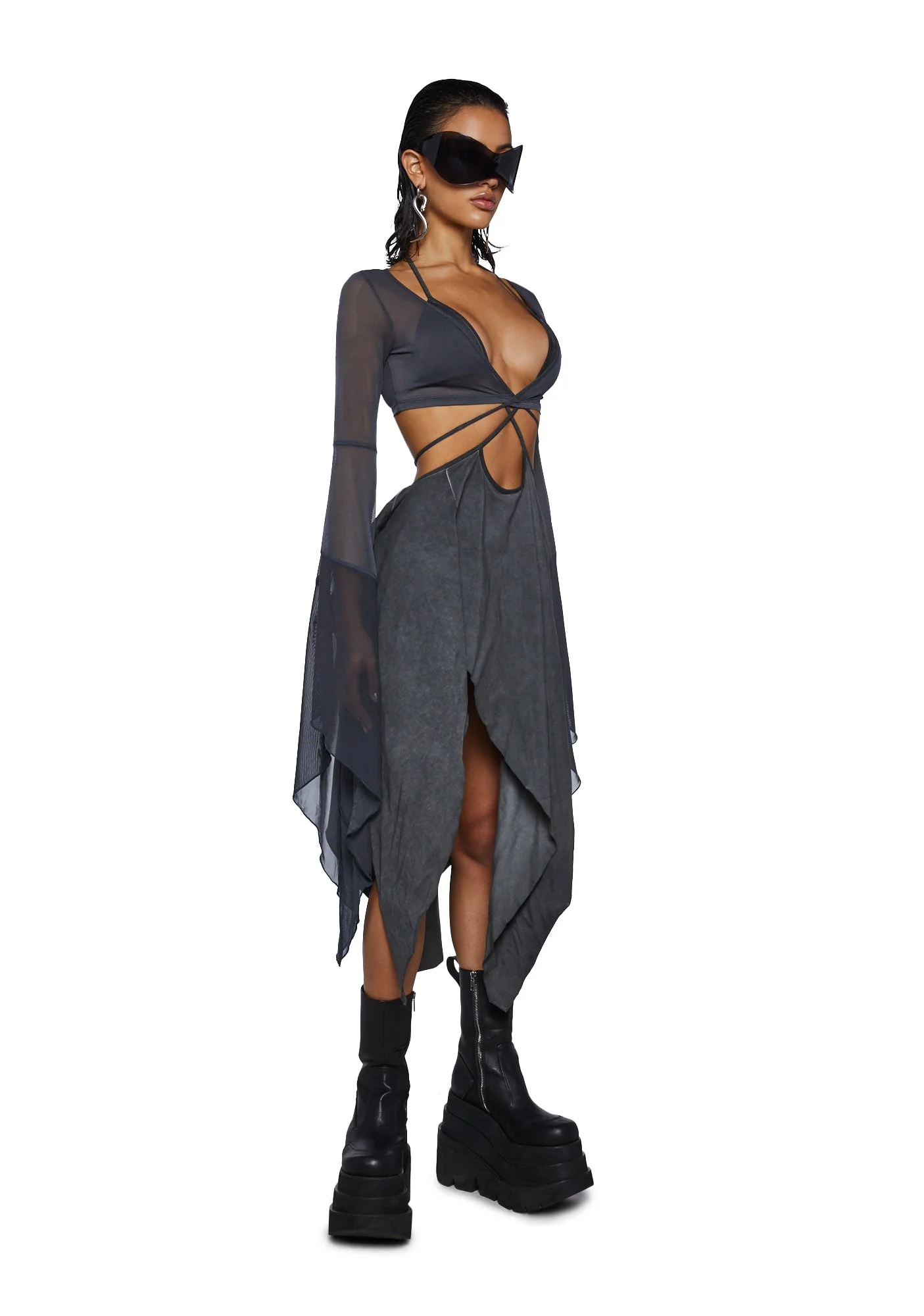 Echo Asymmetrical Mesh Wrap Dress - Dark Gray - Image 5