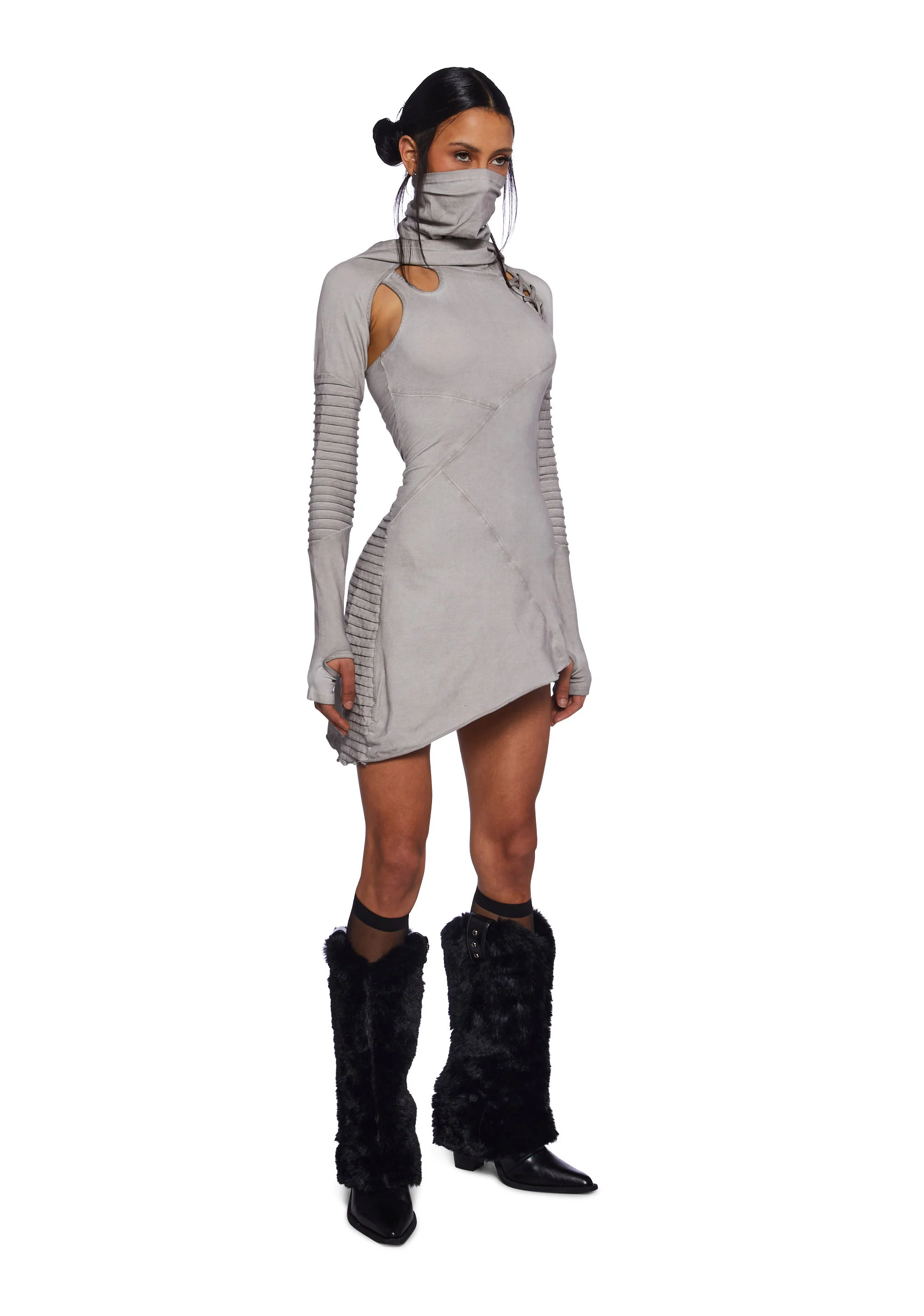 Frequency Asymmetrical Hooded Mini Dress - Ecru - Image 2