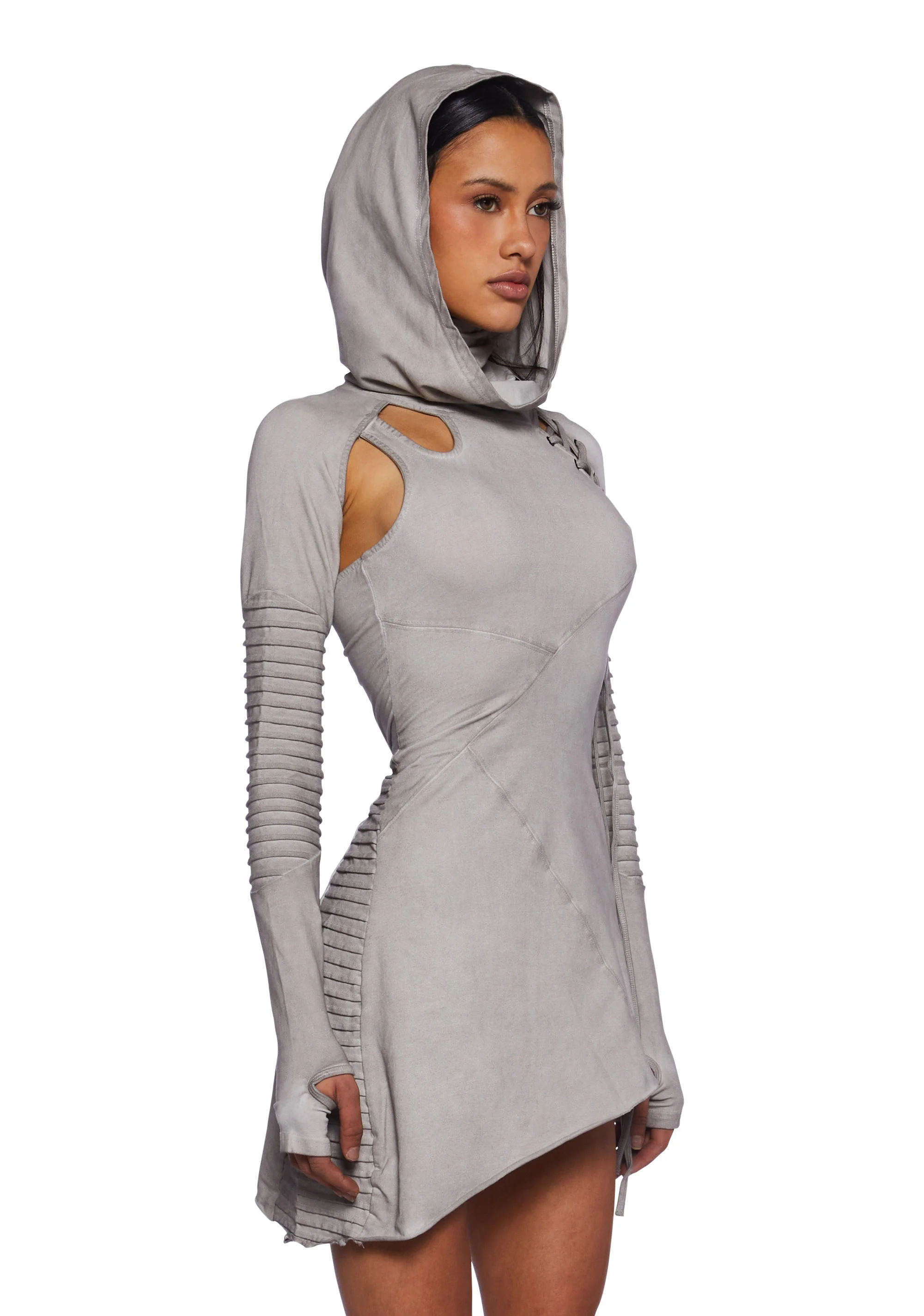 Frequency Asymmetrical Hooded Mini Dress - Ecru - Image 4