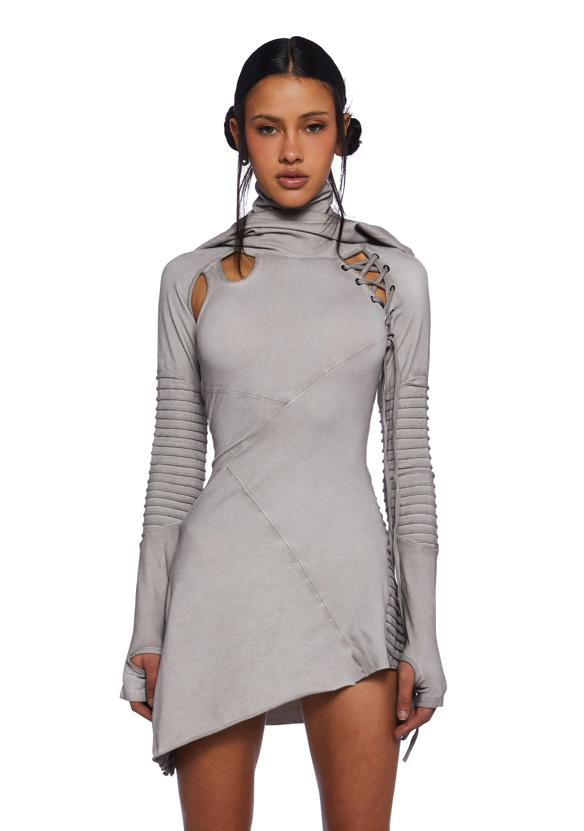 Frequency Asymmetrical Hooded Mini Dress - Ecru - Image 7