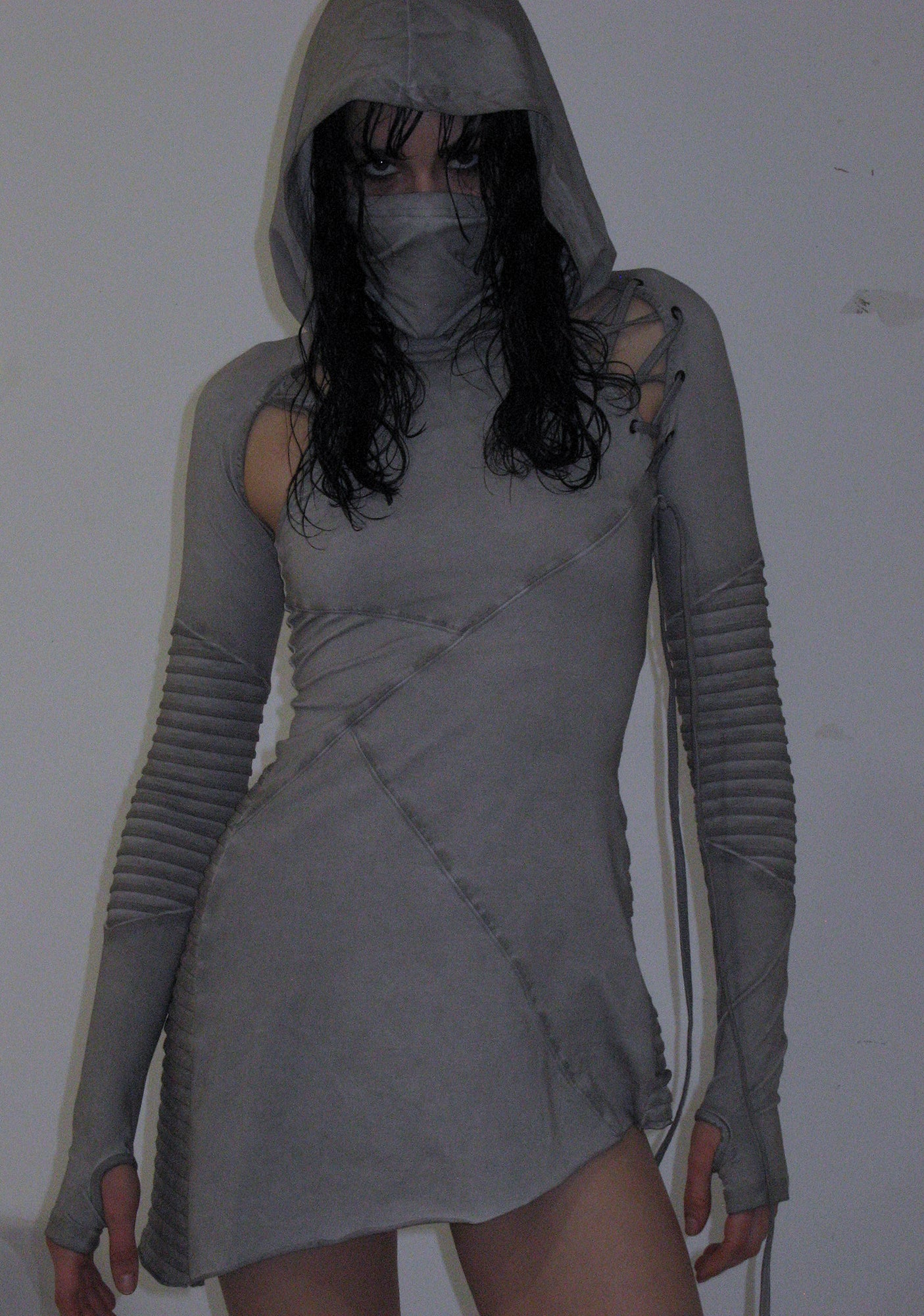 Frequency Asymmetrical Hooded Mini Dress - Ecru - Image 8
