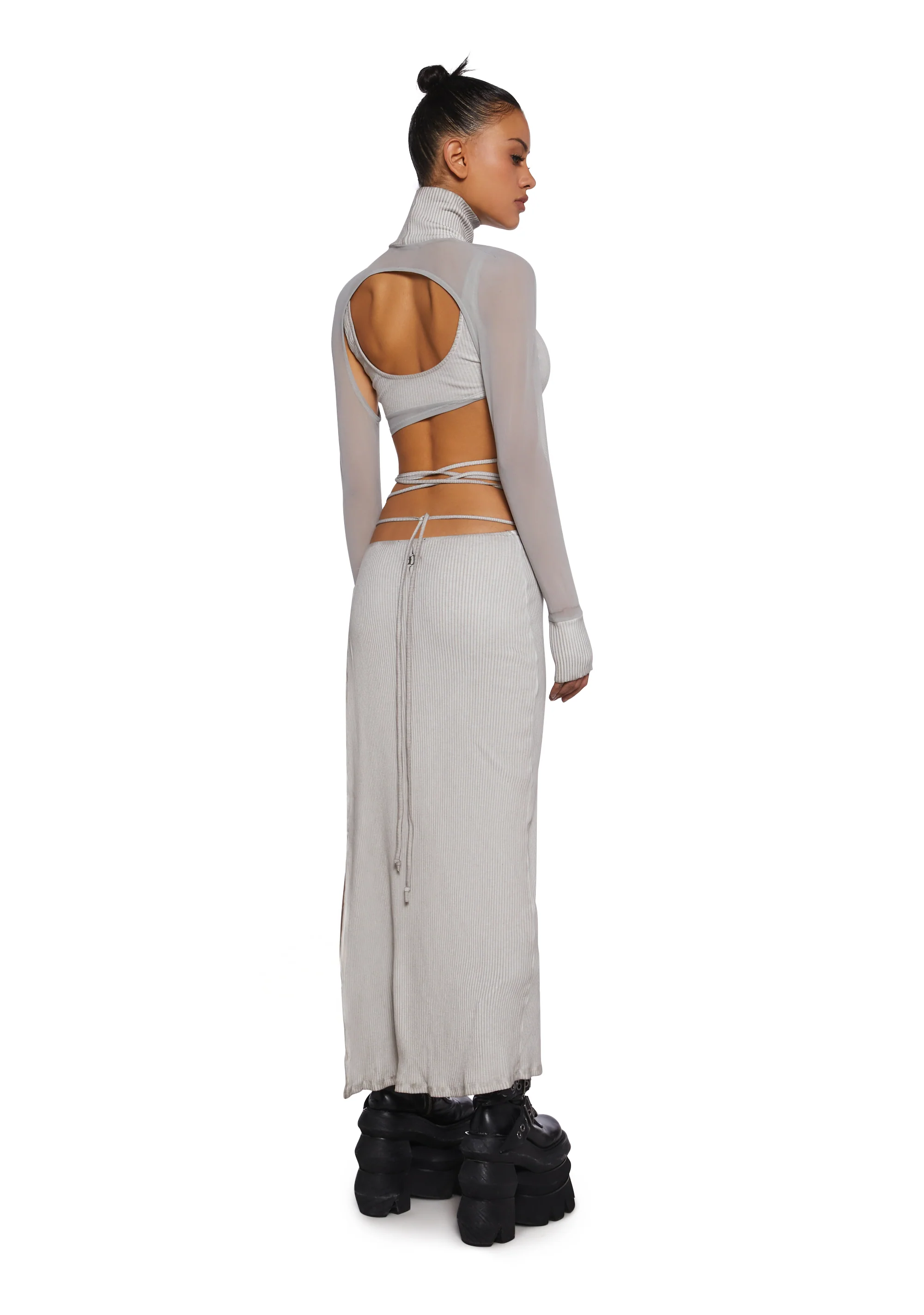 Fader Mesh Ribbed Maxi Dress - Ecru - Image 4