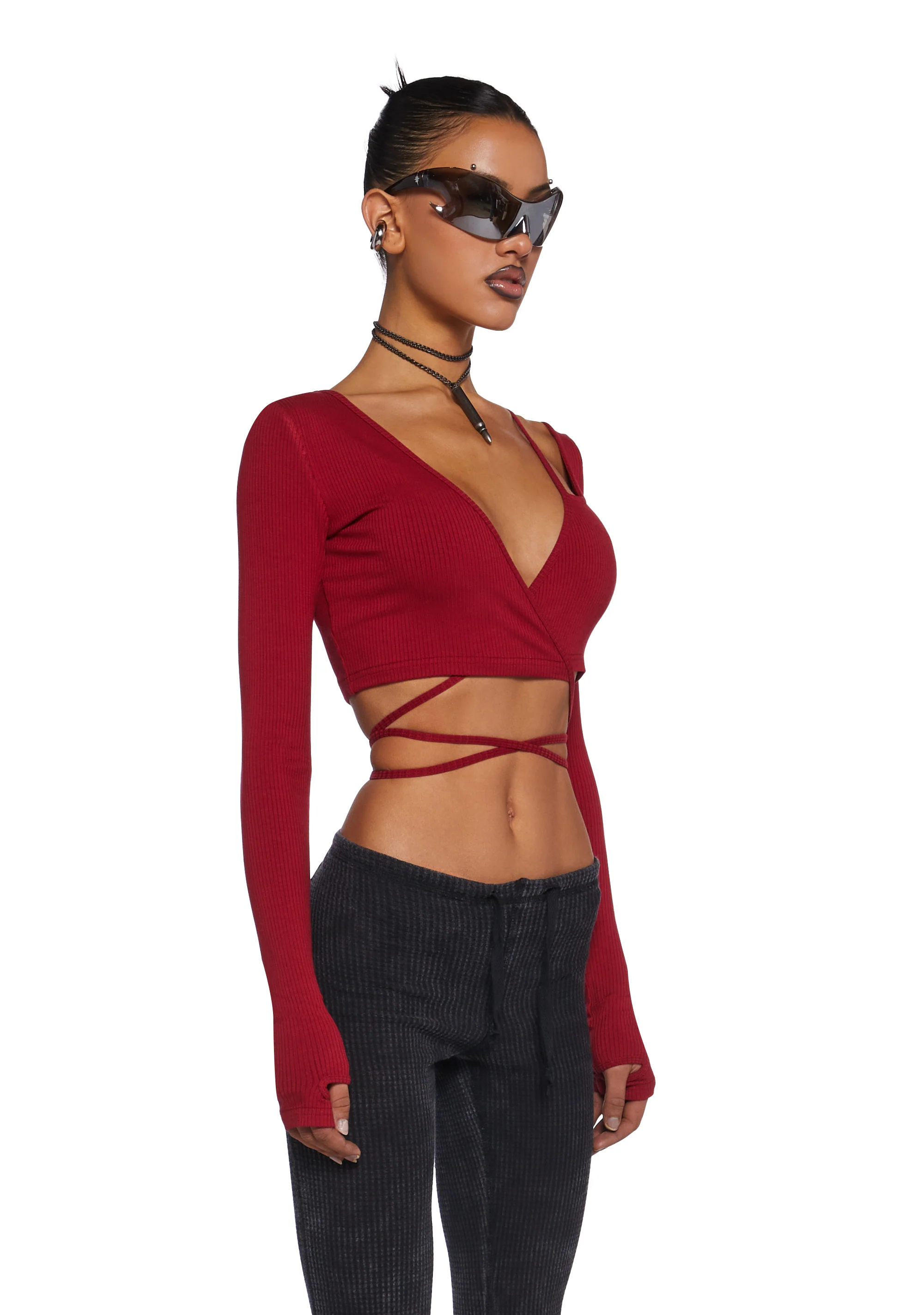 Fader Ribbed Wrap Top - Red - Image 3