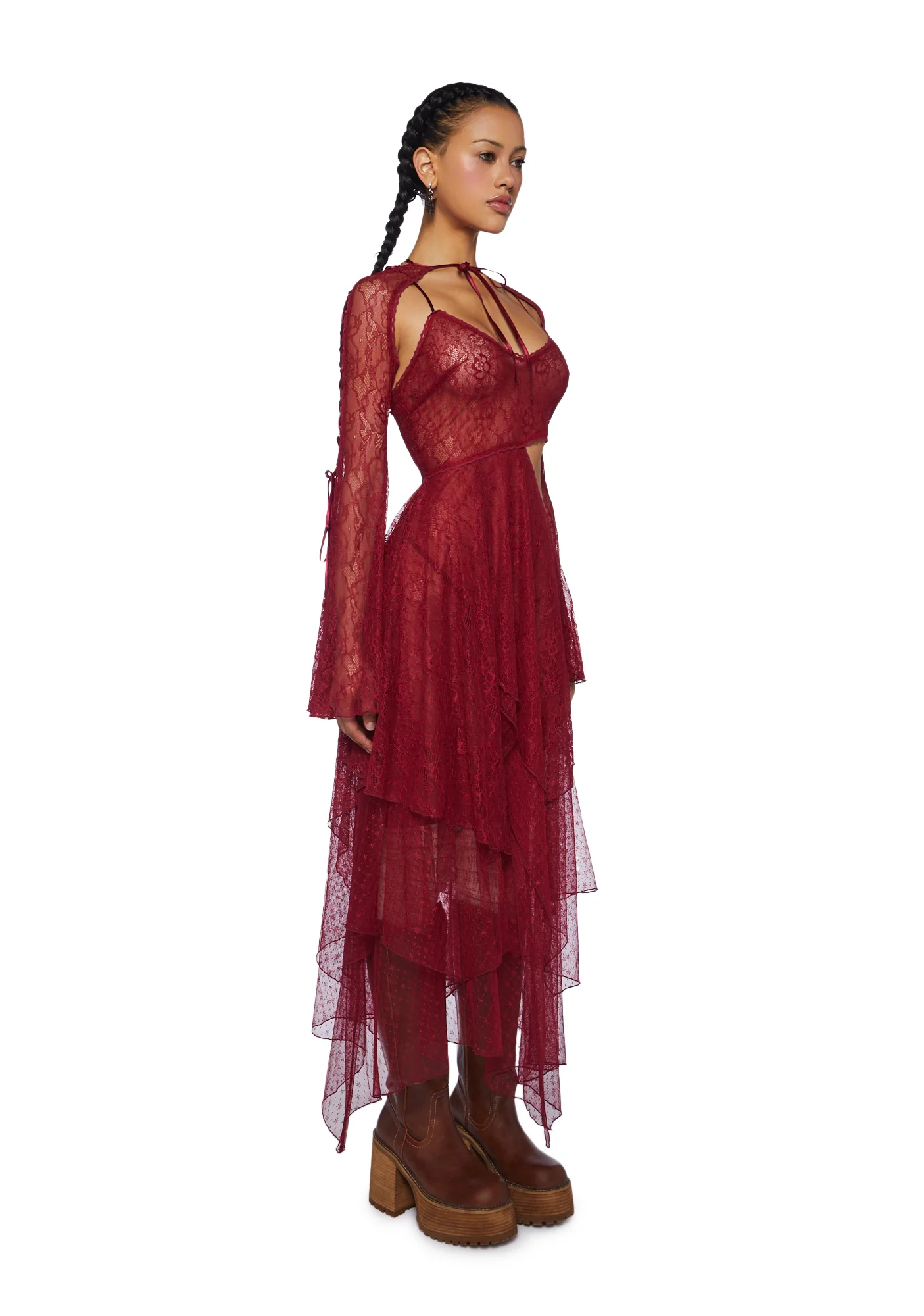 Fairydust Chronicles Lace Dress & Shrug Set- Burgundy - Image 3