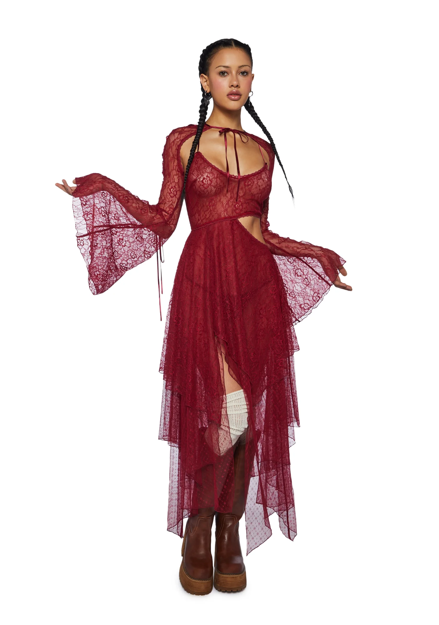 Fairydust Chronicles Lace Dress & Shrug Set- Burgundy - Image 5