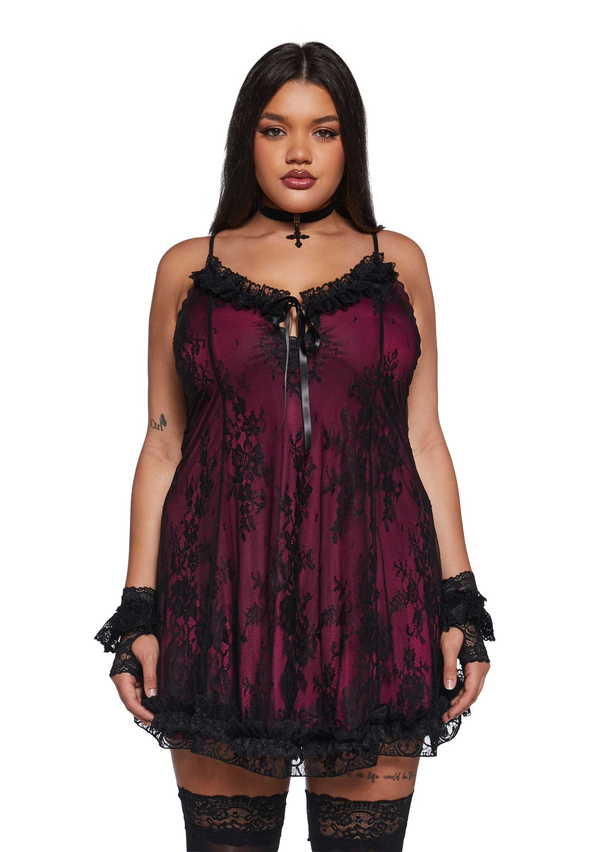 Faithfully Doomed Lace Mini Dress - Dark Red - Image 2