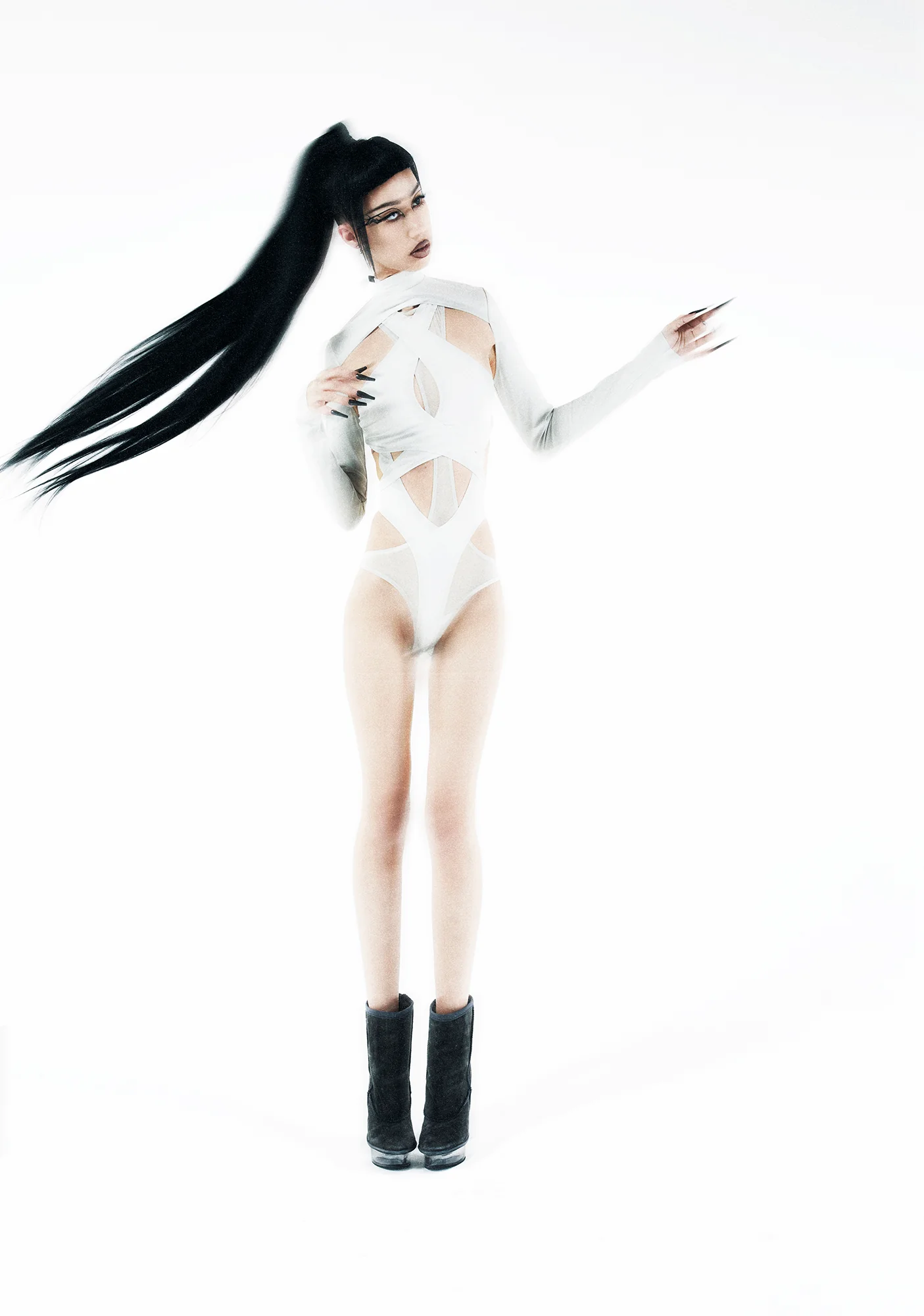 Crossfade Strappy Spandex And Mesh Bodysuit - Gray - Image 7