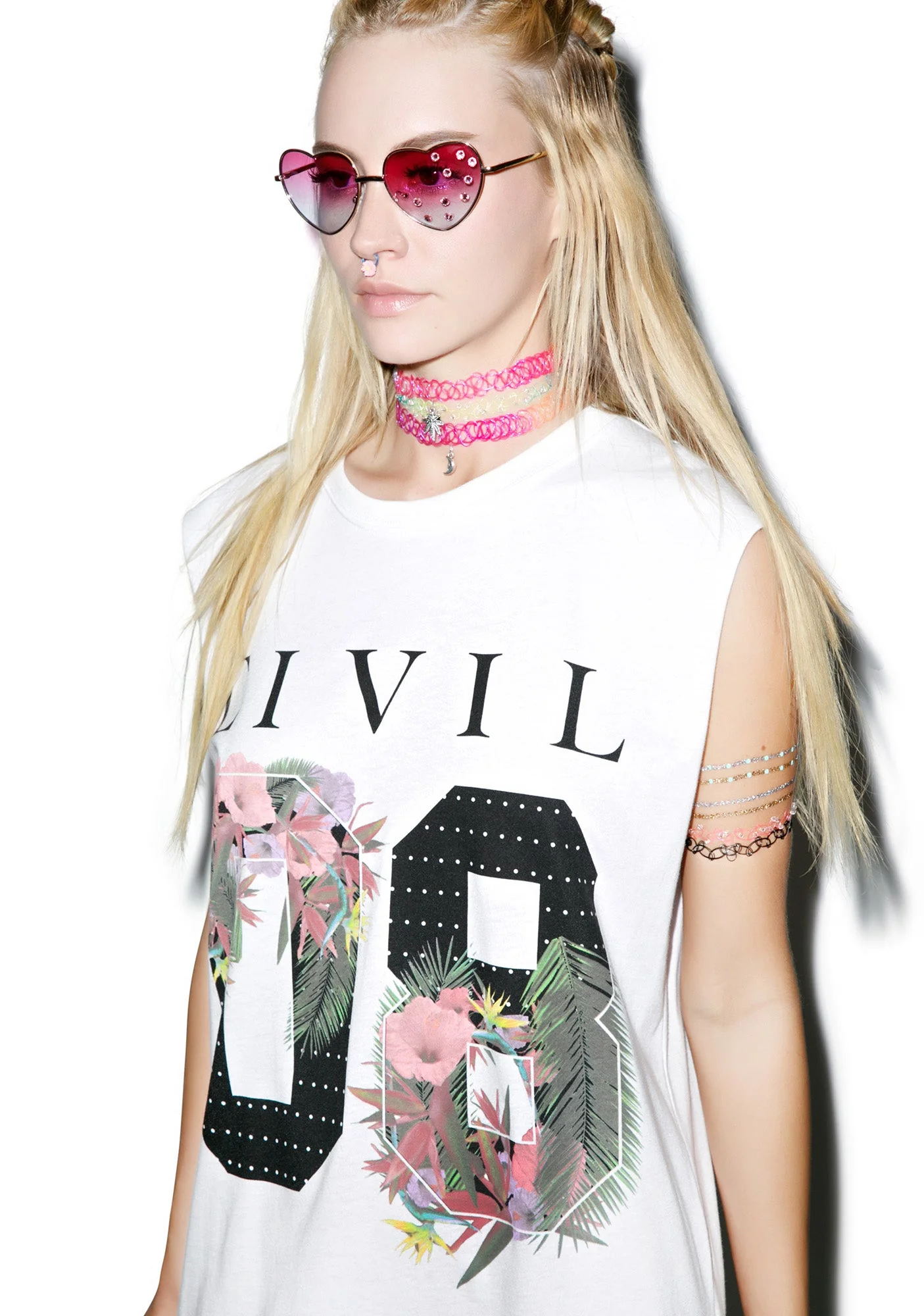 Floral 08 Long Zip Muscle Tee - White - Image 3