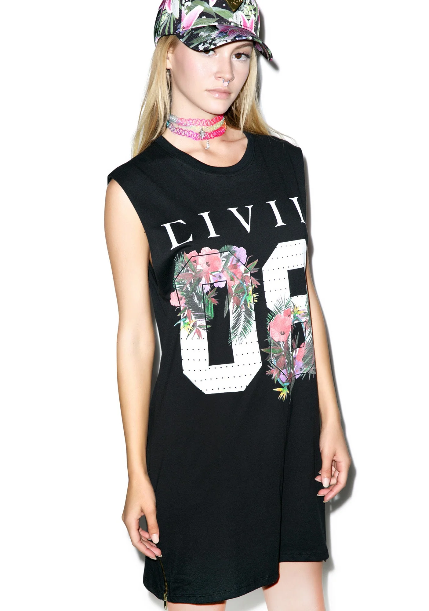 Floral 08 Long Zip Muscle Tee - White - Image 8