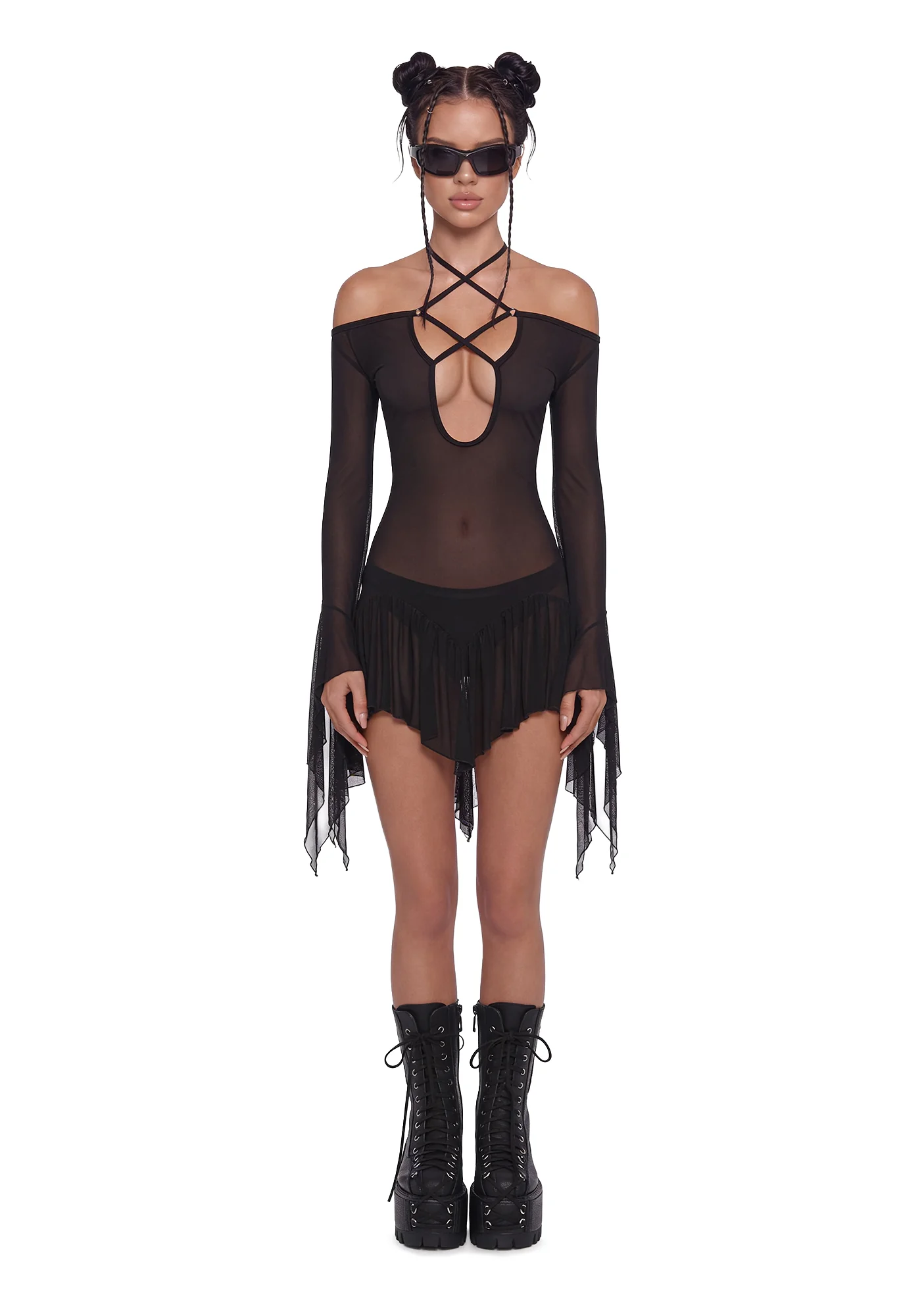 Mesh Flowy Dress - Black - Image 2