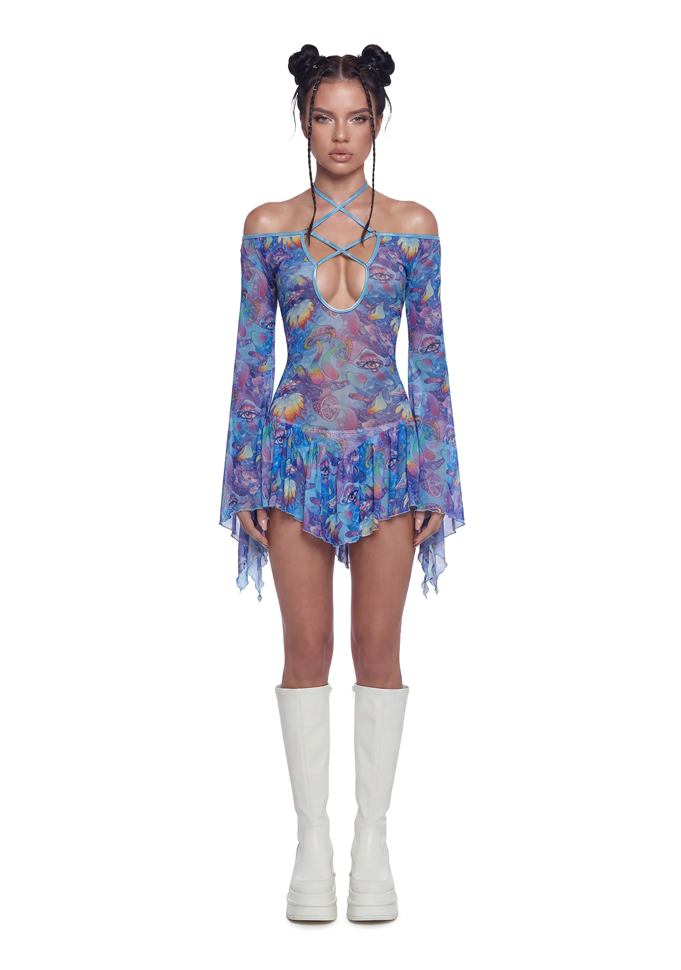 Mushroom Print Mesh Flowy Dress - Blue - Image 2
