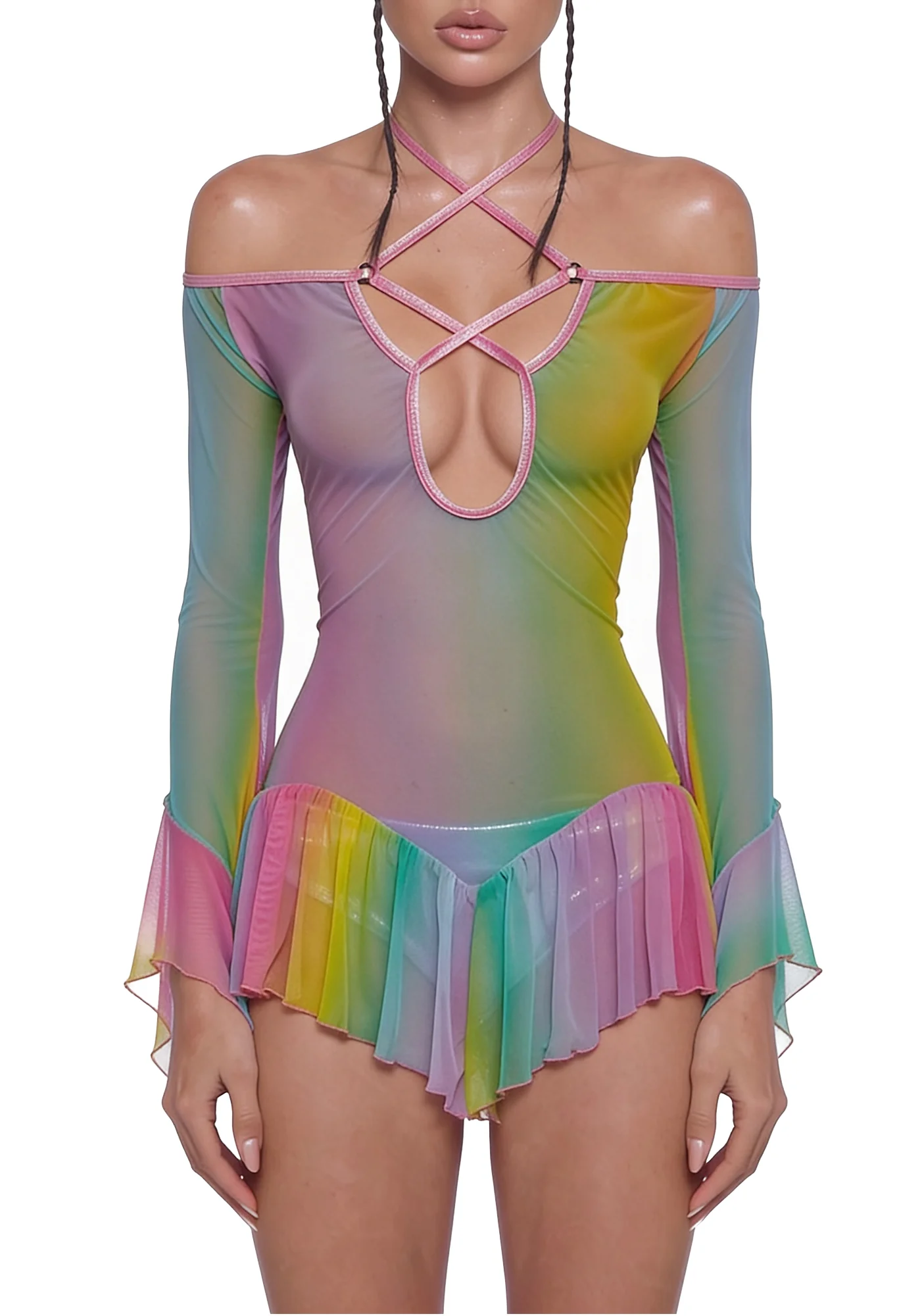 Pastel Mesh Flowy Dress - Rainbow - Image 5